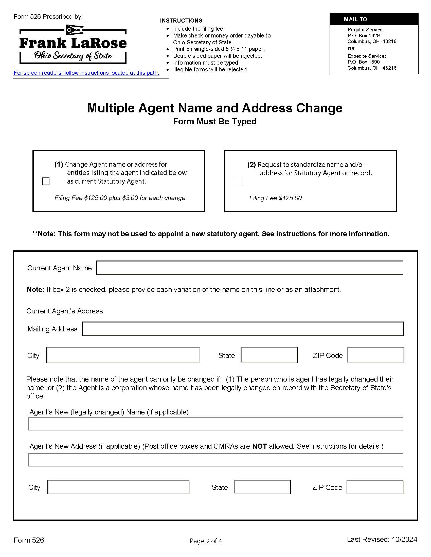 Multiple Agent Name And Address Change {526} | Pdf Fpdf Docx | Ohio