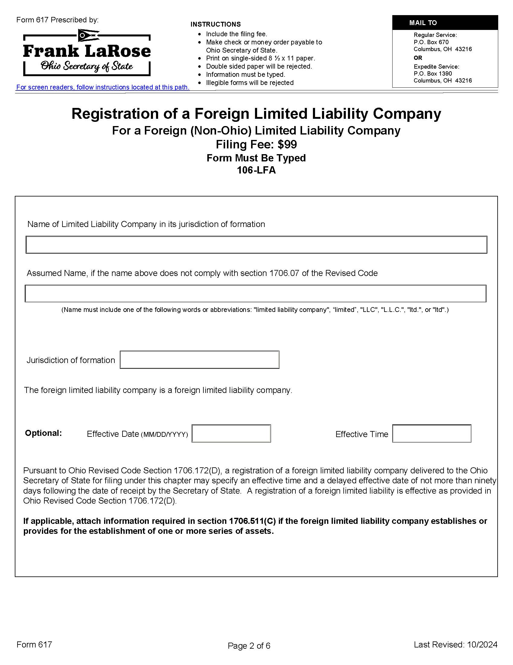 Registration Of A Foreign LLC {617} | Pdf Fpdf Docx | Ohio