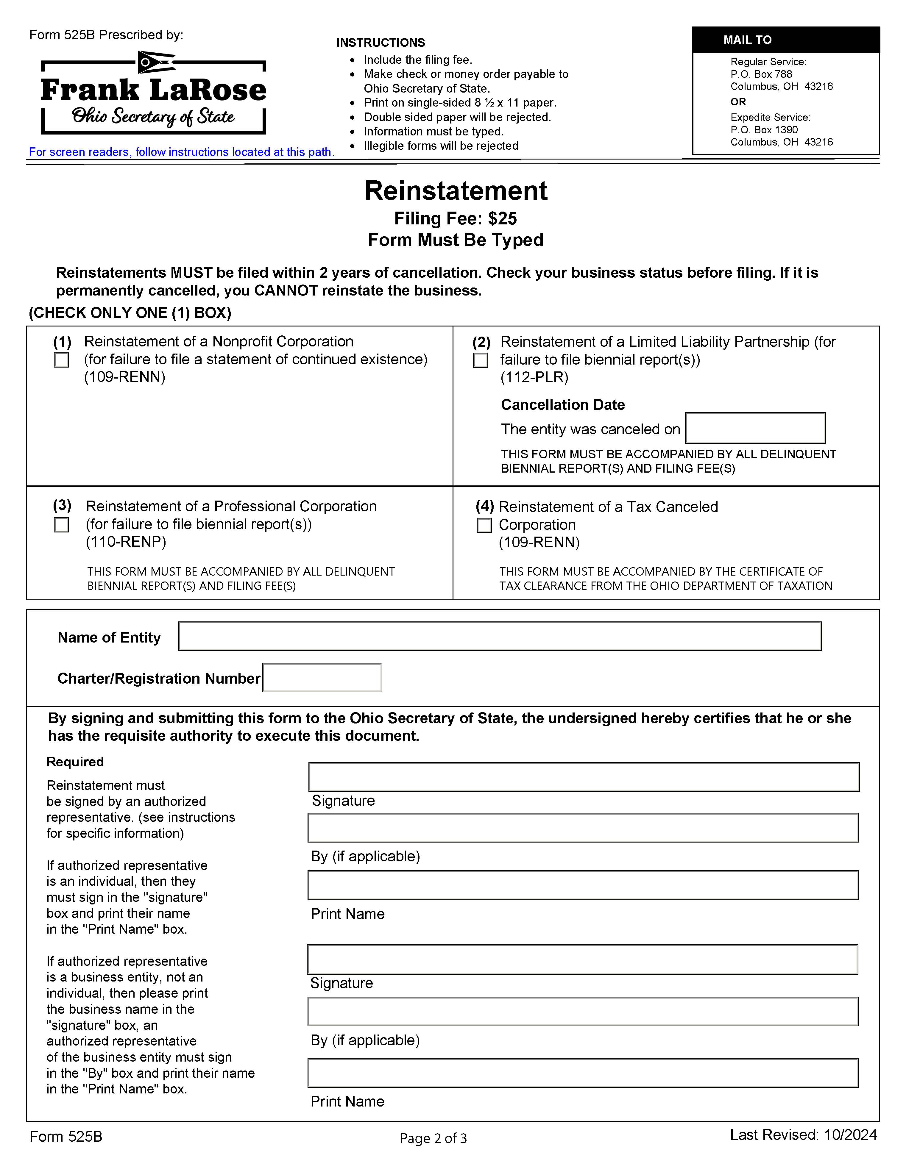 Reinstatement {525B} | Pdf Fpdf Docx | Ohio
