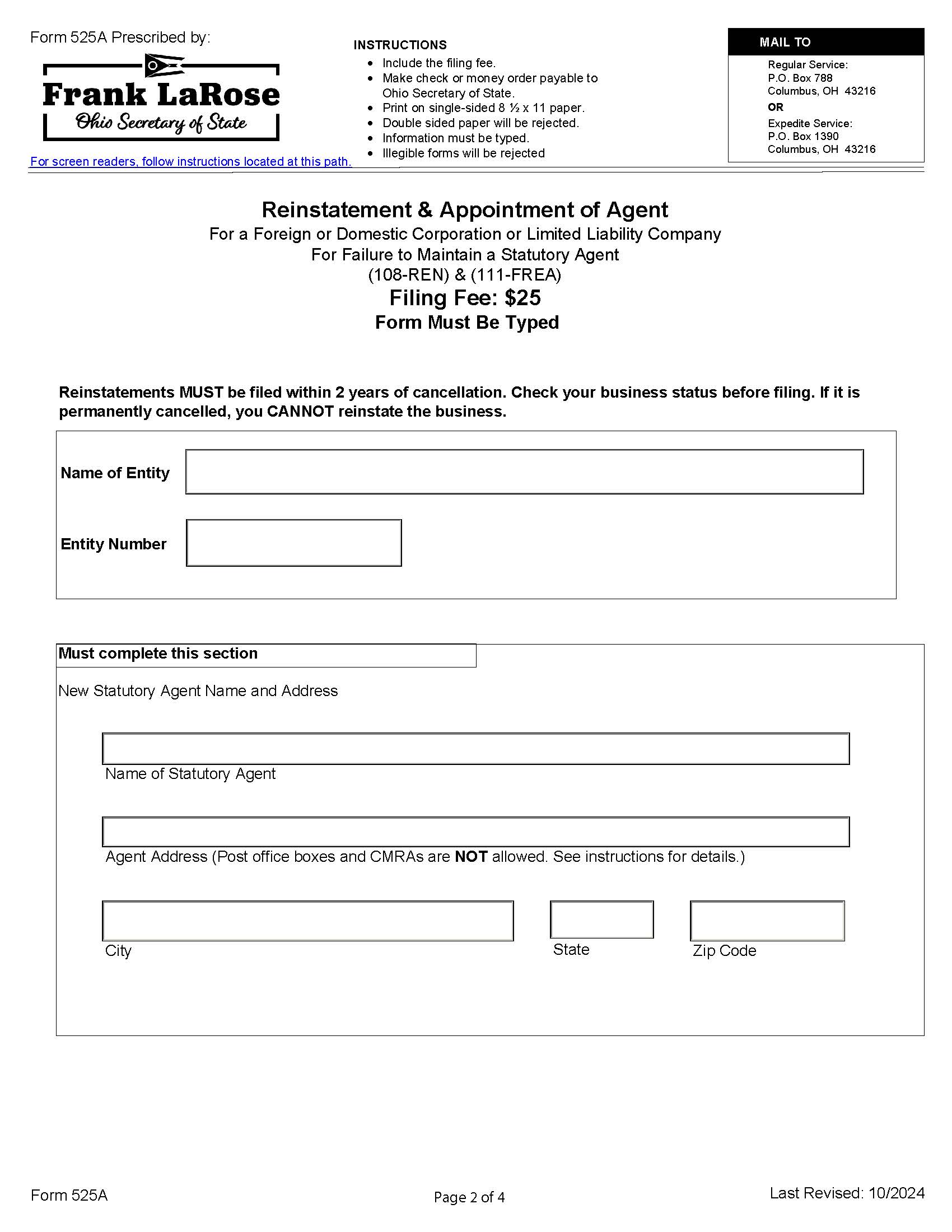 Reinstatement And Appointment Of Agent {525A} | Pdf Fpdf Docx | Ohio