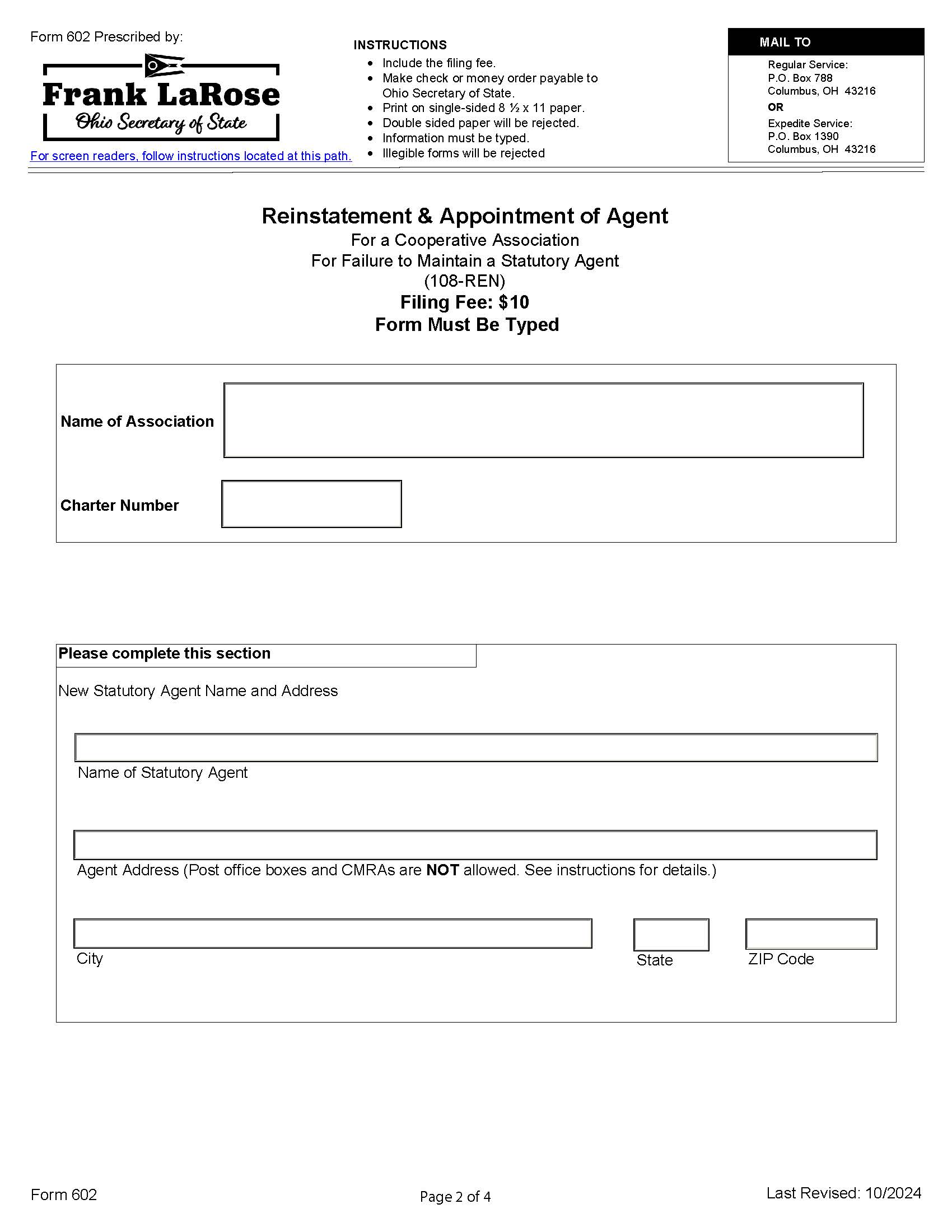 Reinstatement And Appointment Of Agent {602} | Pdf Fpdf Docx | Ohio