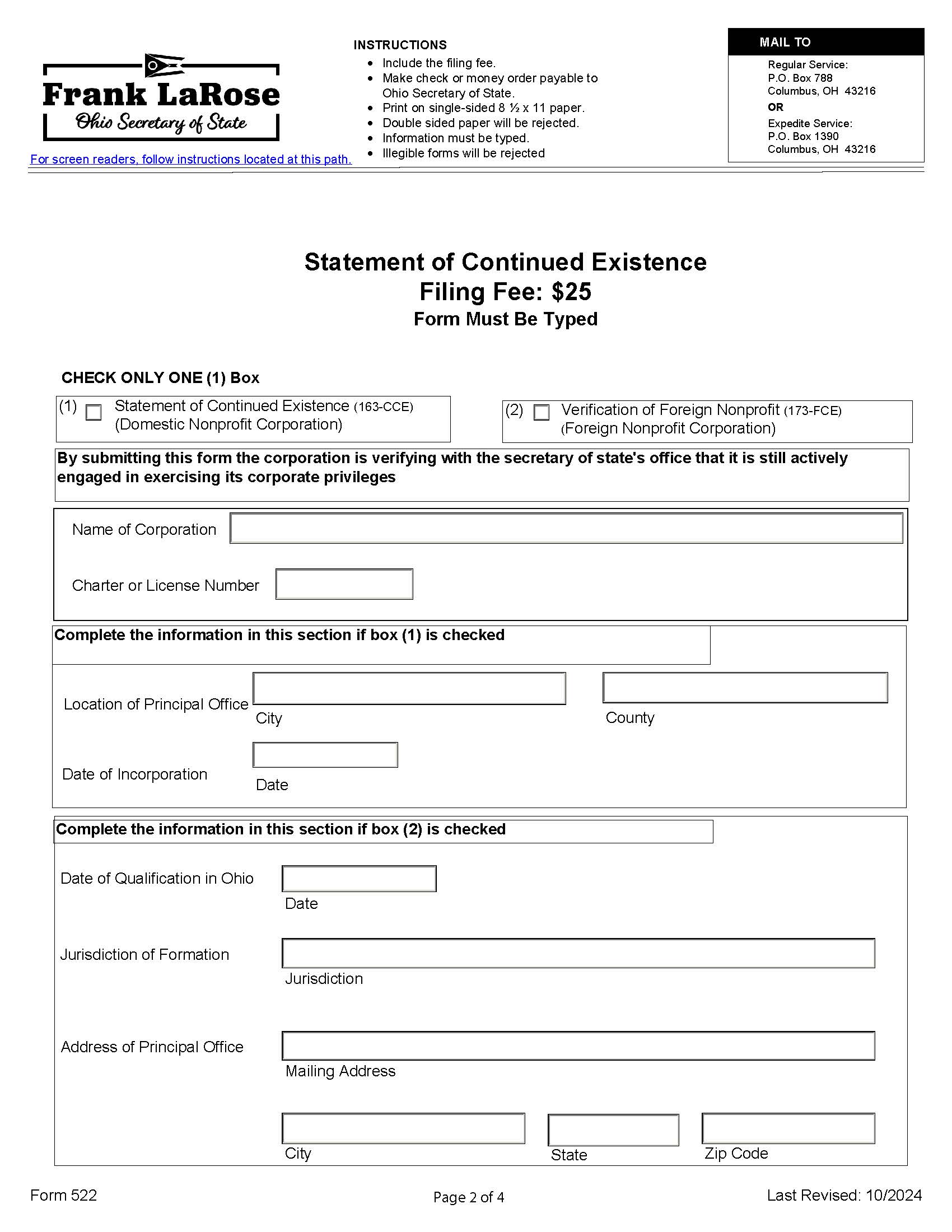 Statement Of Continued Existence {522} | Pdf Fpdf Docx | Ohio