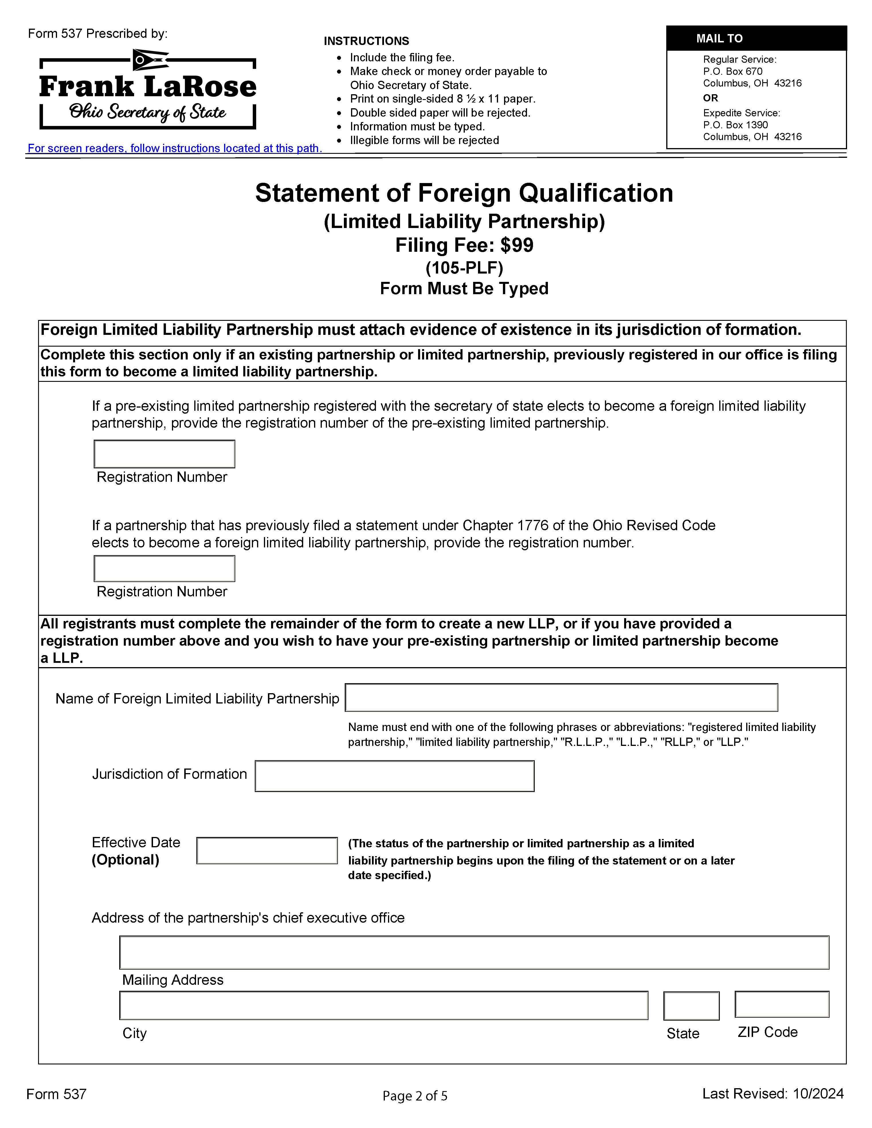 Statement Of Foreign Qualification (Limited Liability Partnership) {537} | Pdf Fpdf Docx | Ohio