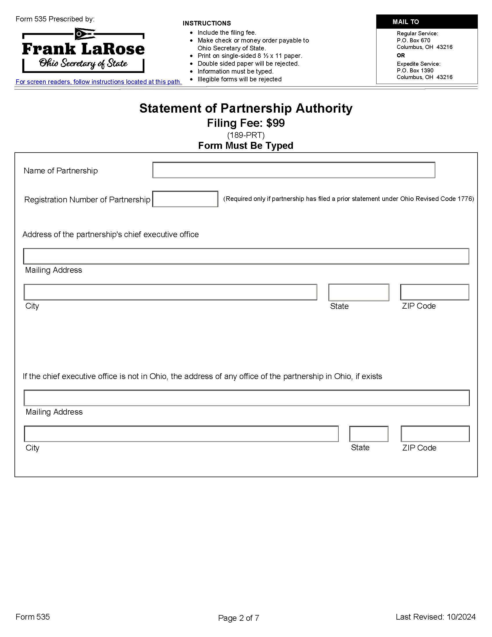 Statement Of Partnership Authority {535} | Pdf Fpdf Docx | Ohio