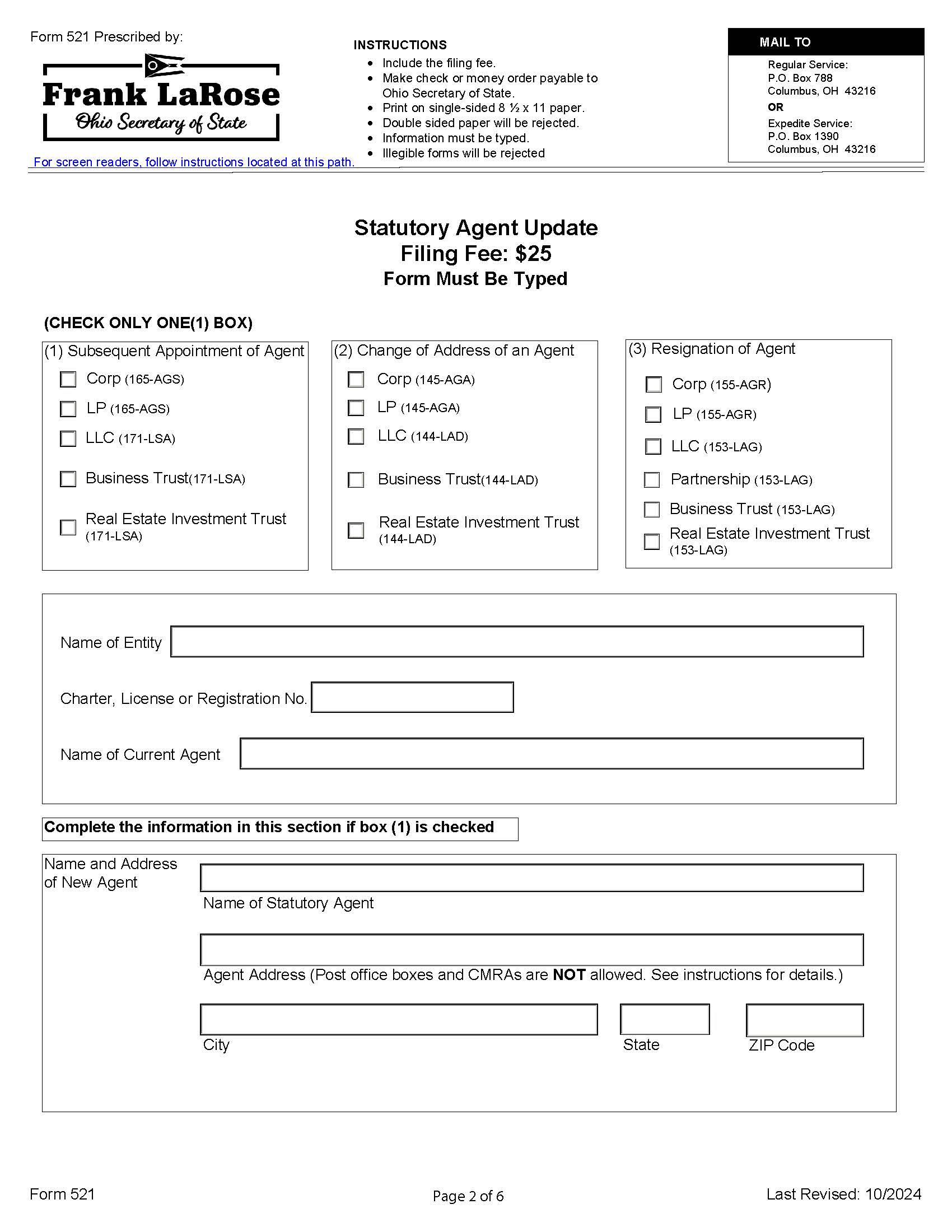 Statutory Agent Update {521} | Pdf Fpdf Docx | Ohio