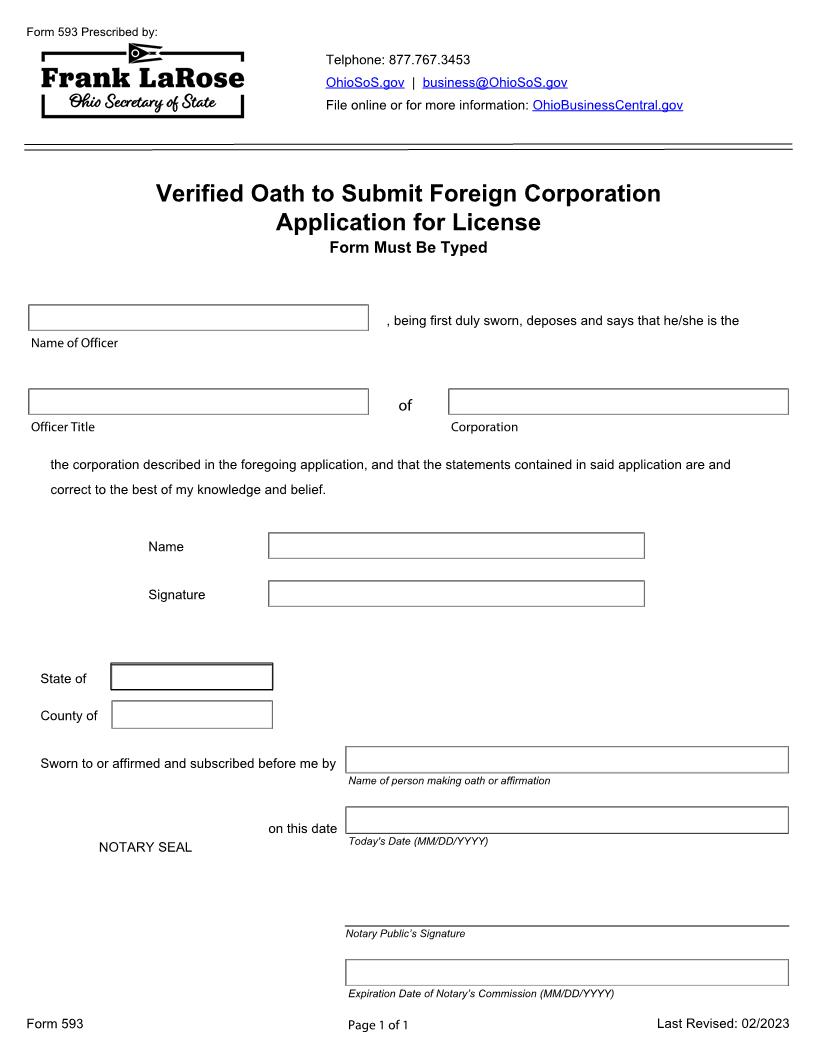 Verified Oath To Submit Foreign Corporation Application For License {593} | Pdf Fpdf Docx | Ohio