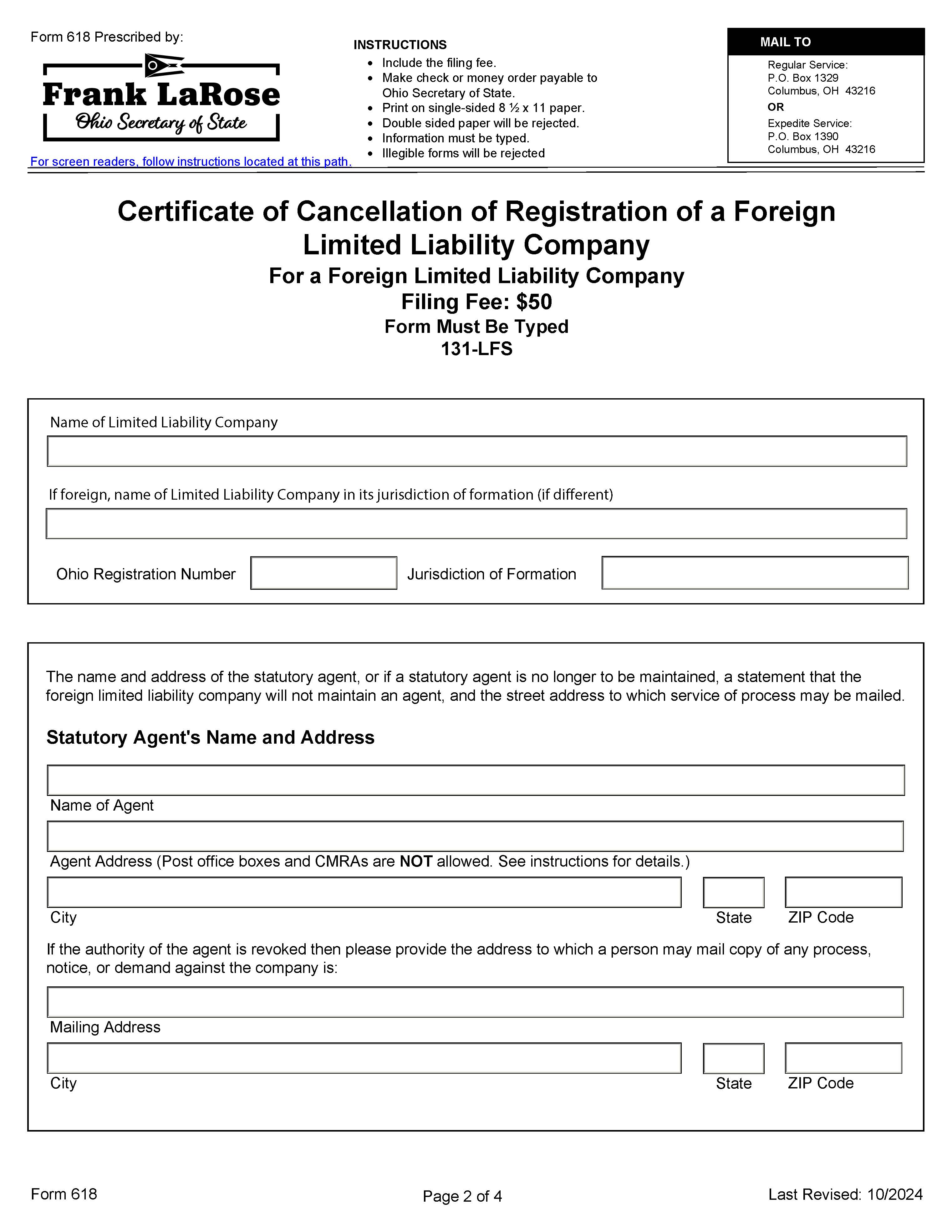 Certificate Of Cancellation Of Registration (Foreign LLC) {618} | Pdf Fpdf Docx | Ohio