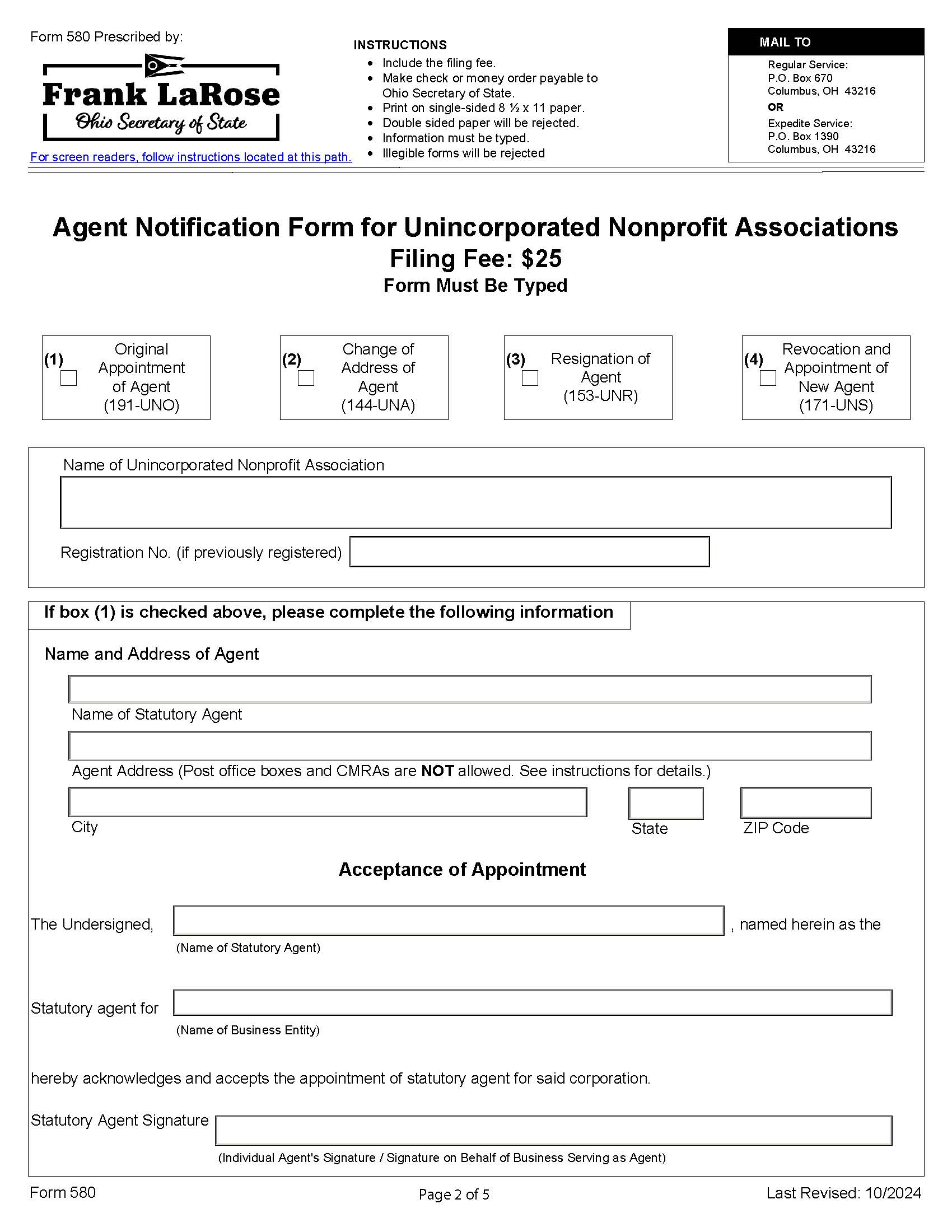 Agent Notification Form For Unincorporated Nonprofit {580} | Pdf Fpdf Docx | Ohio