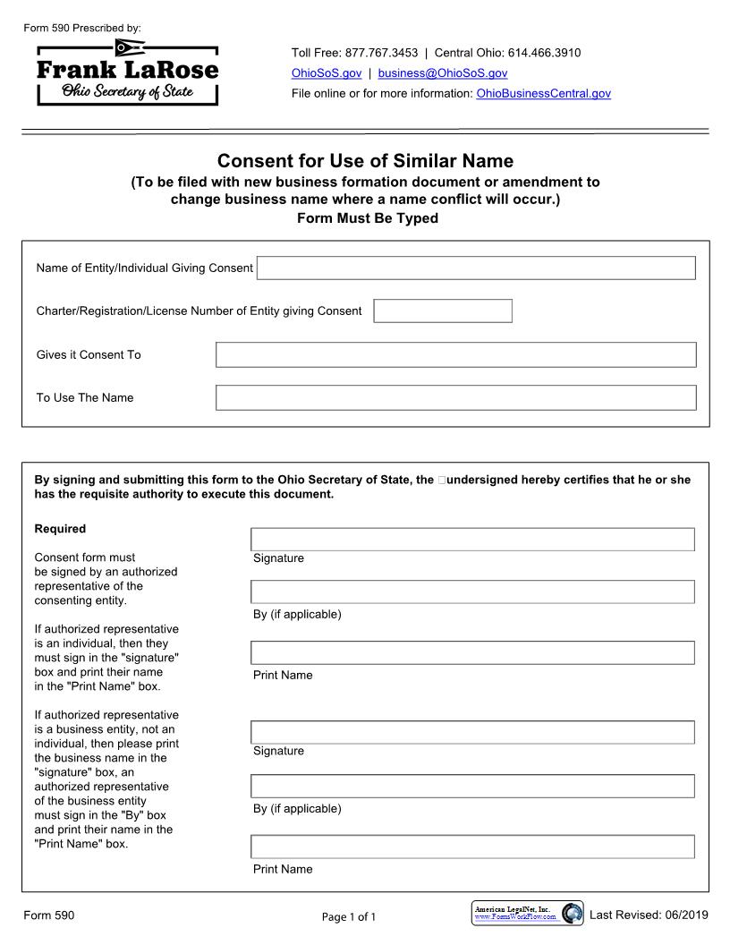 Consent For Use Of Similar Name {590} | Pdf Fpdf Docx | Ohio