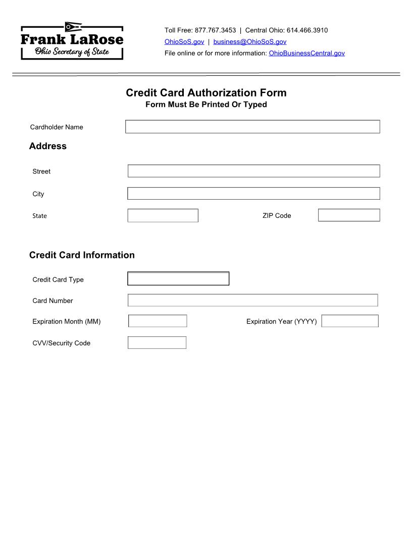 Credit Card Authorization Form | Pdf Fpdf Docx | Ohio