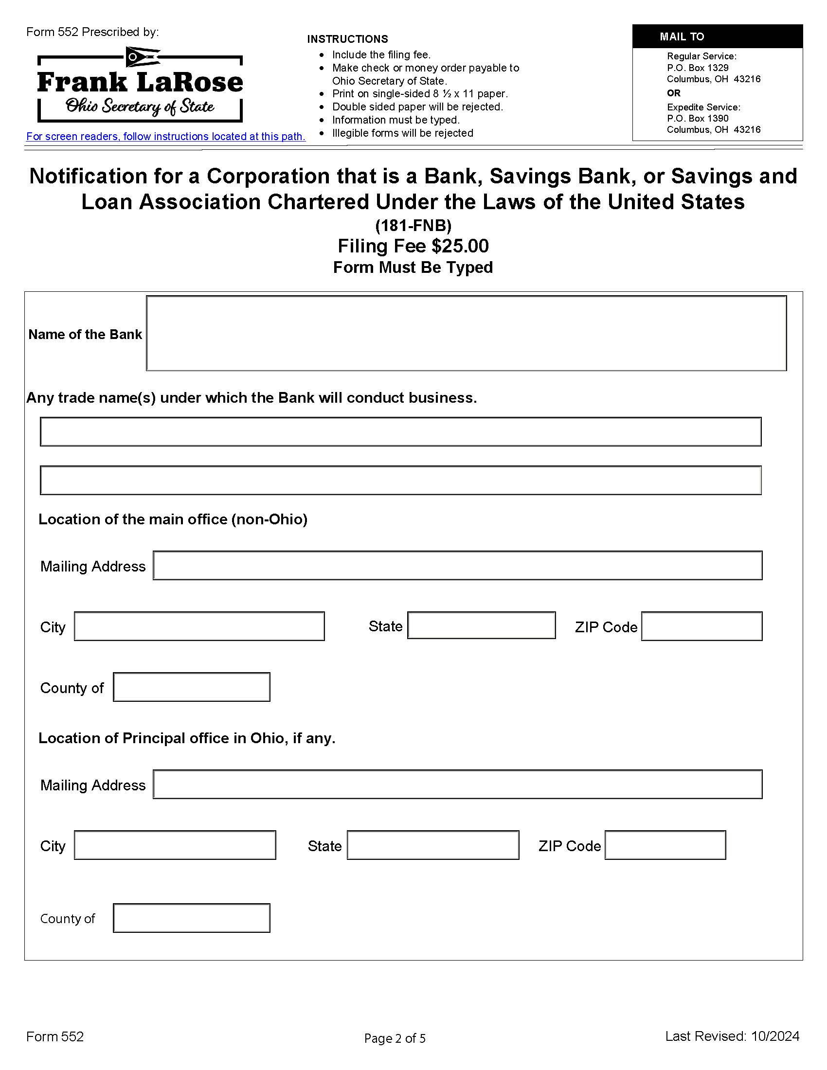 Notification For A Corporation That is A Bank {552} | Pdf Fpdf Docx | Ohio