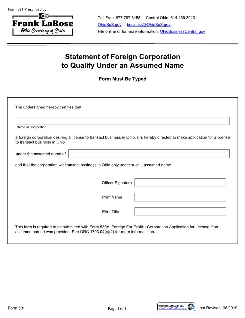Statement Of Foreign Corporation To Qualify Under An Assumed Name {591} | Pdf Fpdf Docx | Ohio