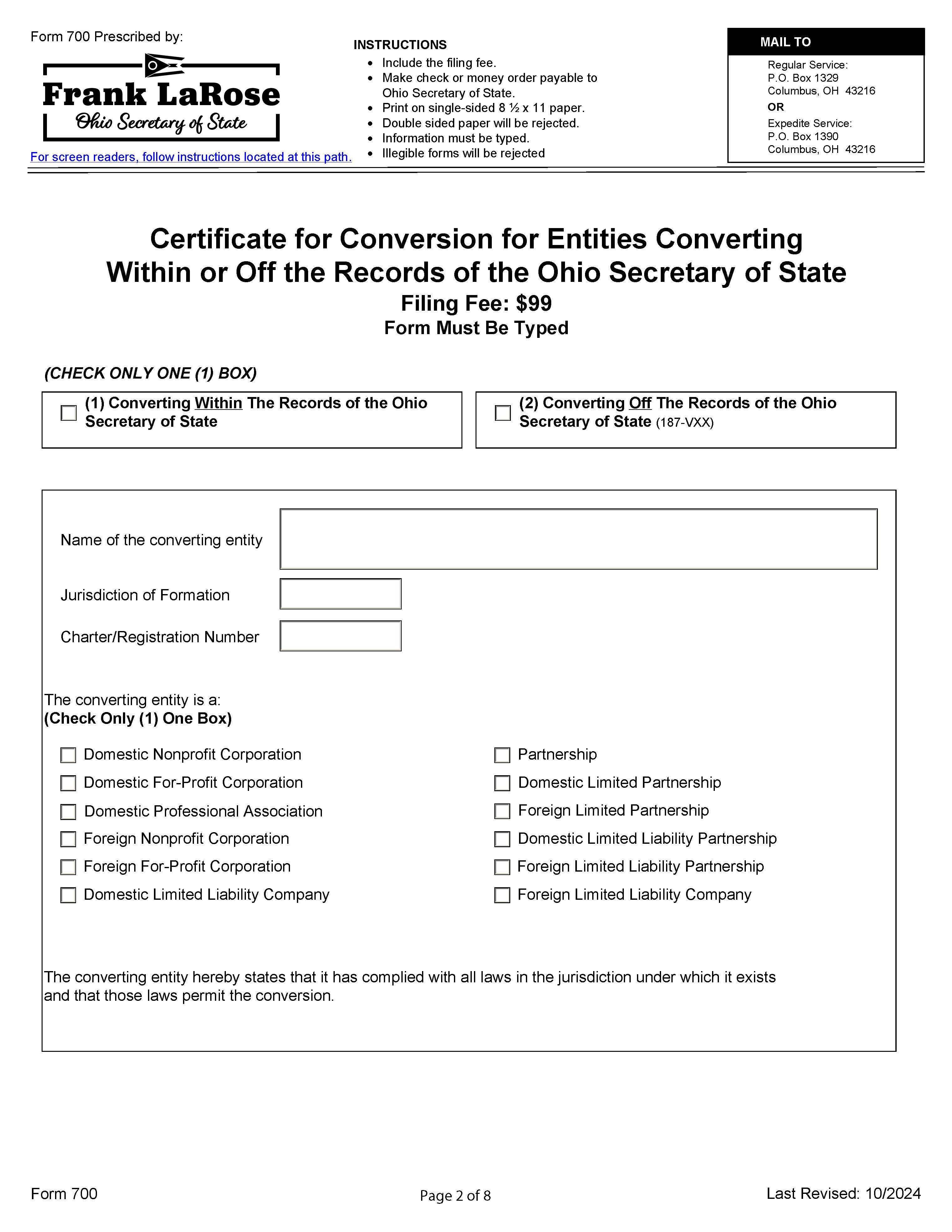 Certificate Of Conversion For Entities Converting Within Or Off The Records {700} | Pdf Fpdf Docx | Ohio