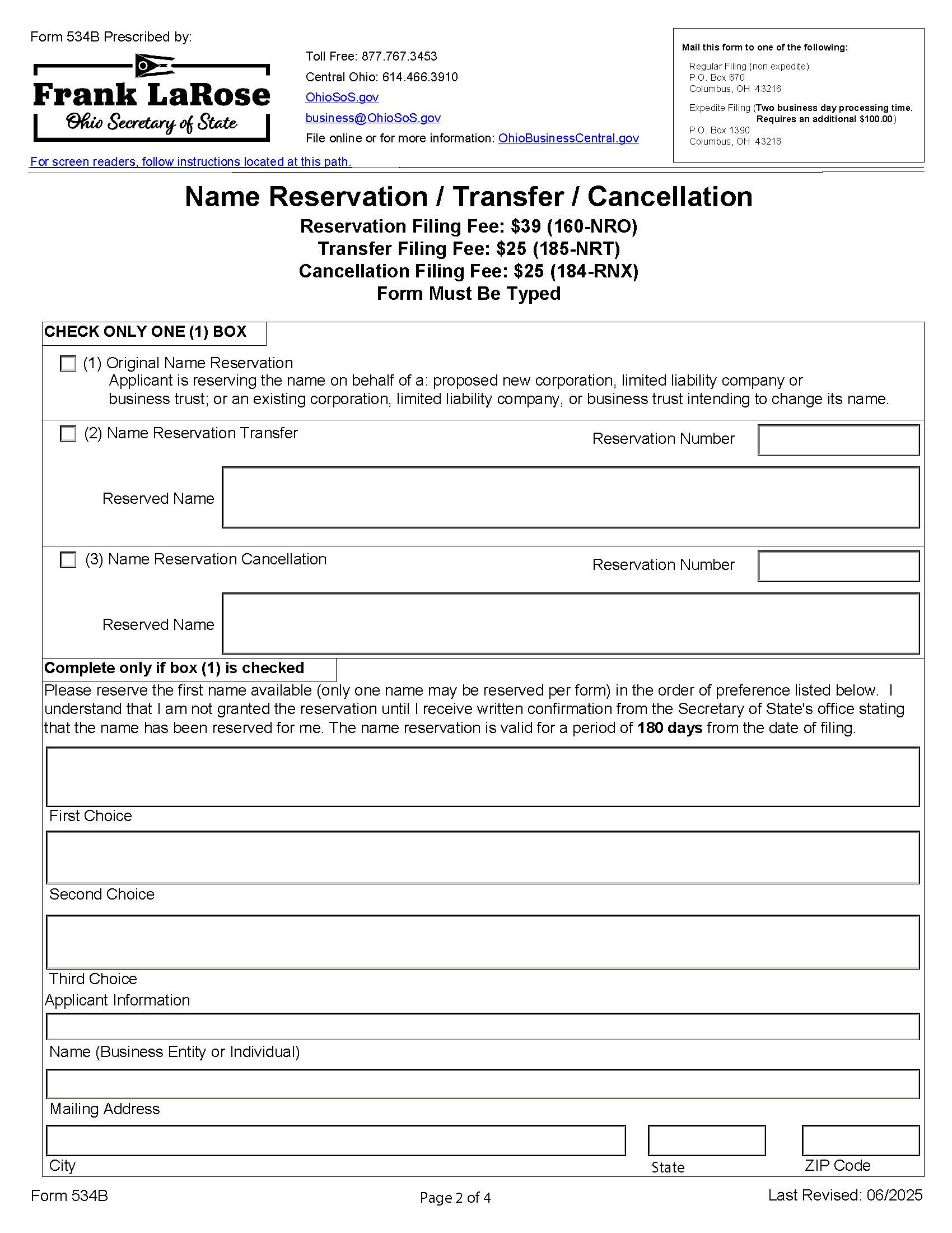 Name Reservation {534B} | Pdf Fpdf Docx | Ohio