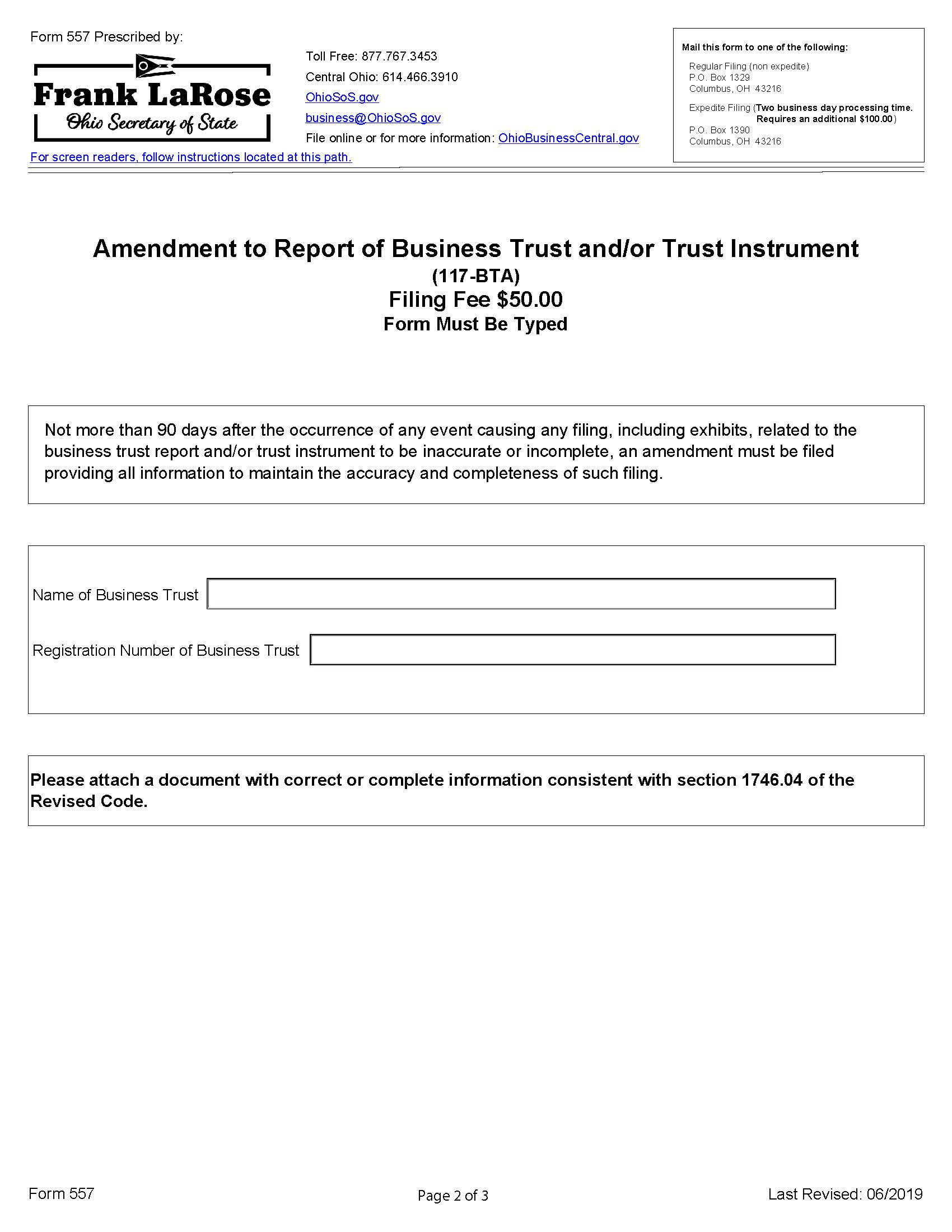 Amendment To Report Of Business Trust Or Trust  Instrument {557} | Pdf Fpdf Docx | Ohio
