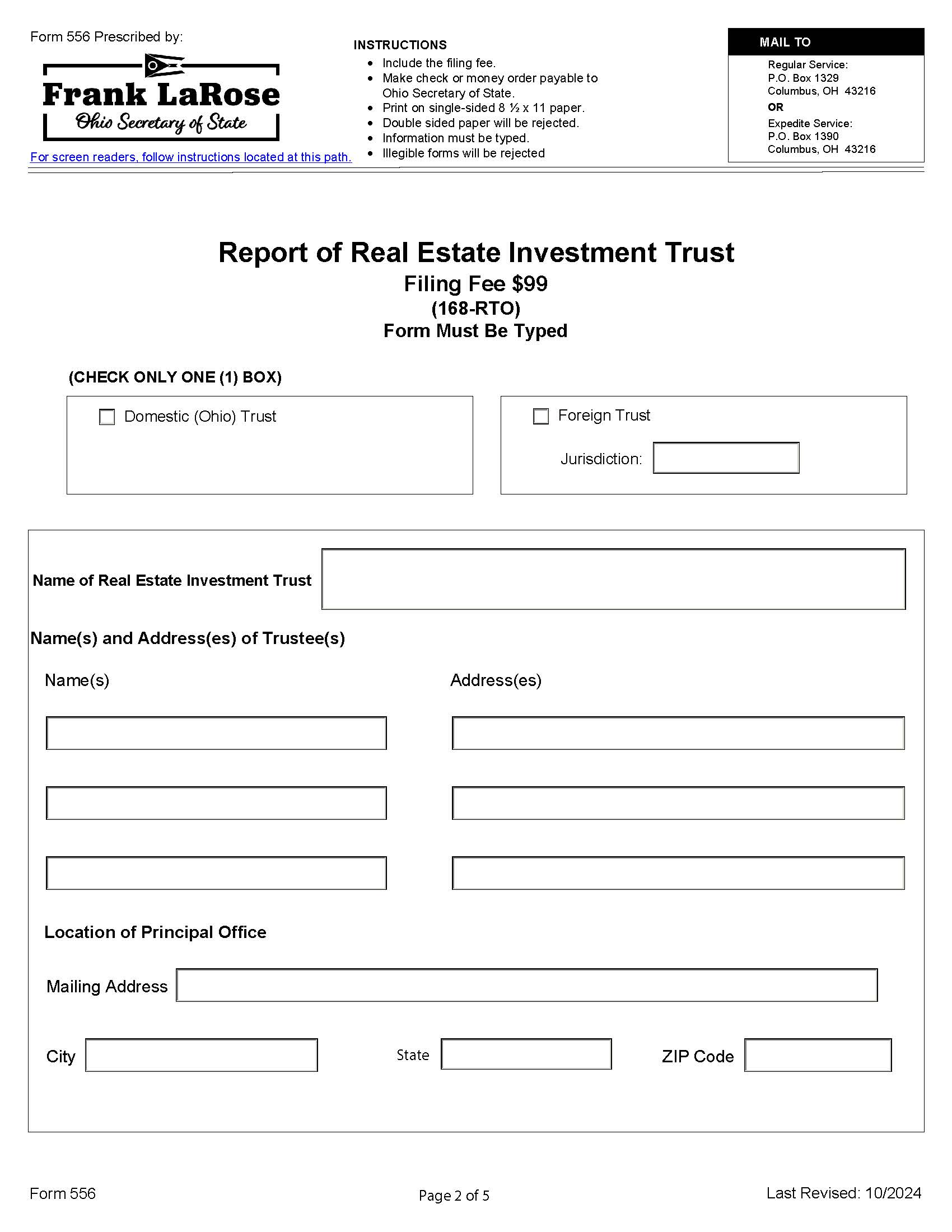 Report Of Real Estate Investment Trust {556} | Pdf Fpdf Docx | Ohio