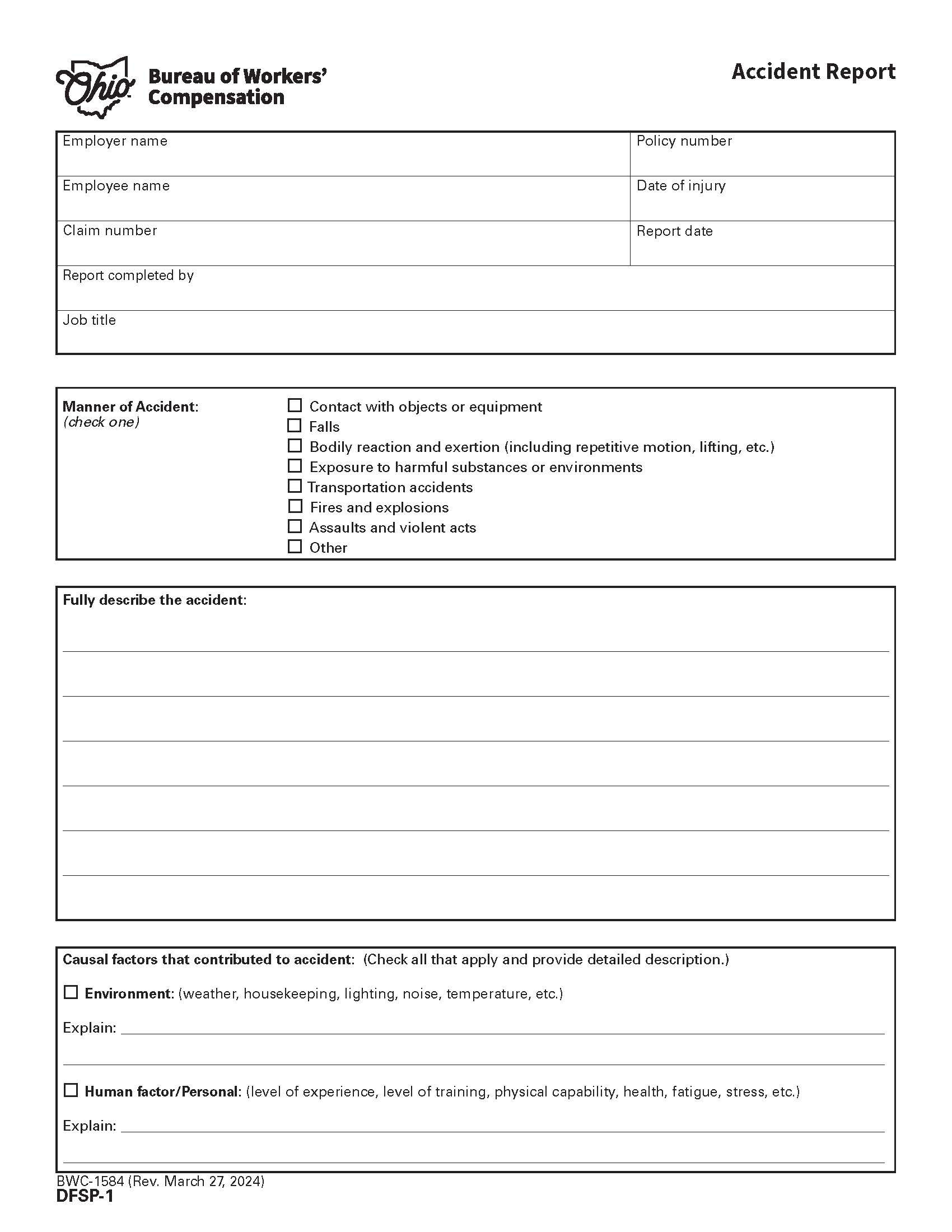 Accident Report {BWC-1584} | Pdf Fpdf Doc Docx | Ohio