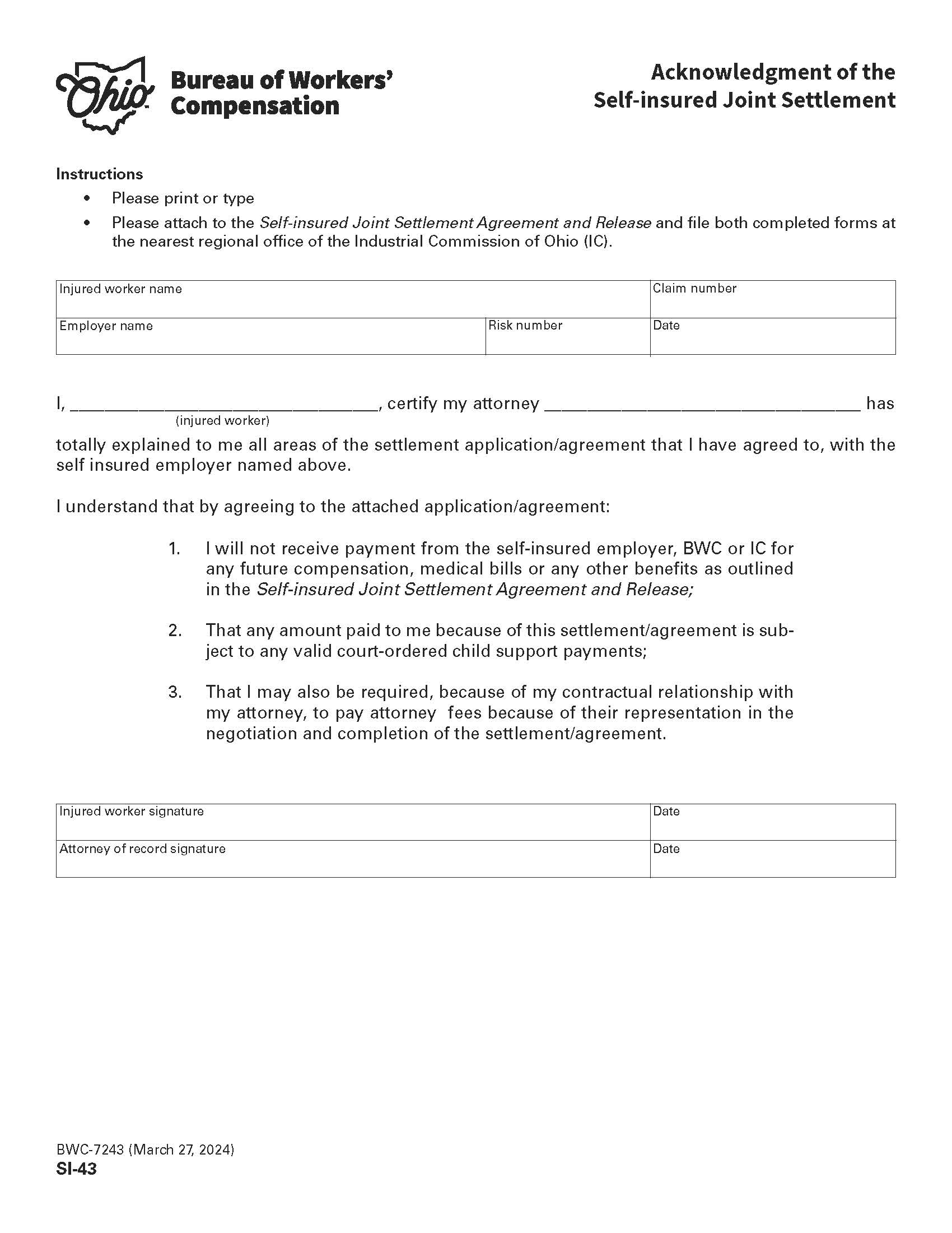 Acknowledgment Of The Self Insured Joint Settlement {BWC-7243} | Pdf Fpdf Doc Docx | Ohio