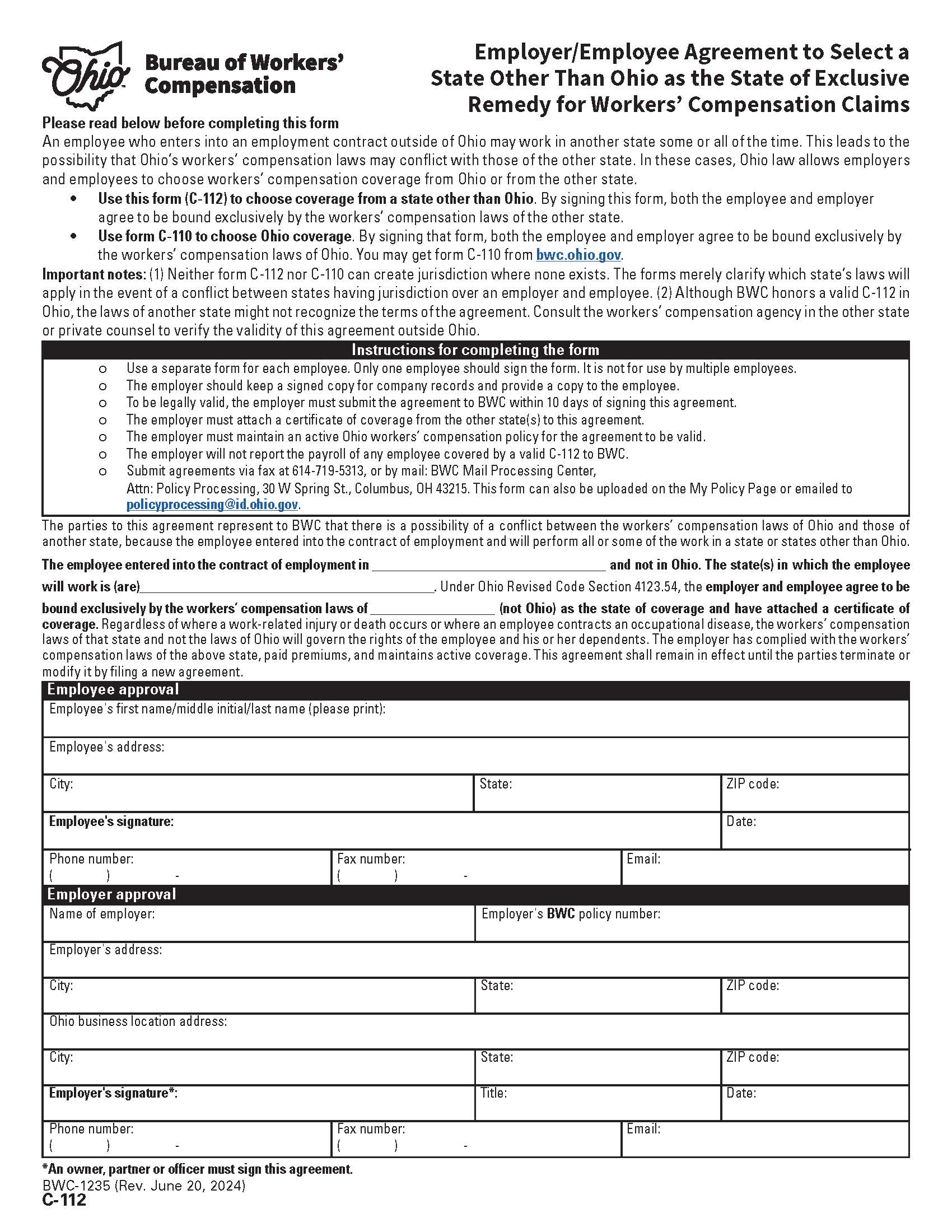 Agreement To Select A State Other Then Ohio As The State Of Exclusive Remedy {BWC-1235} | Pdf Fpdf Doc Docx | Ohio