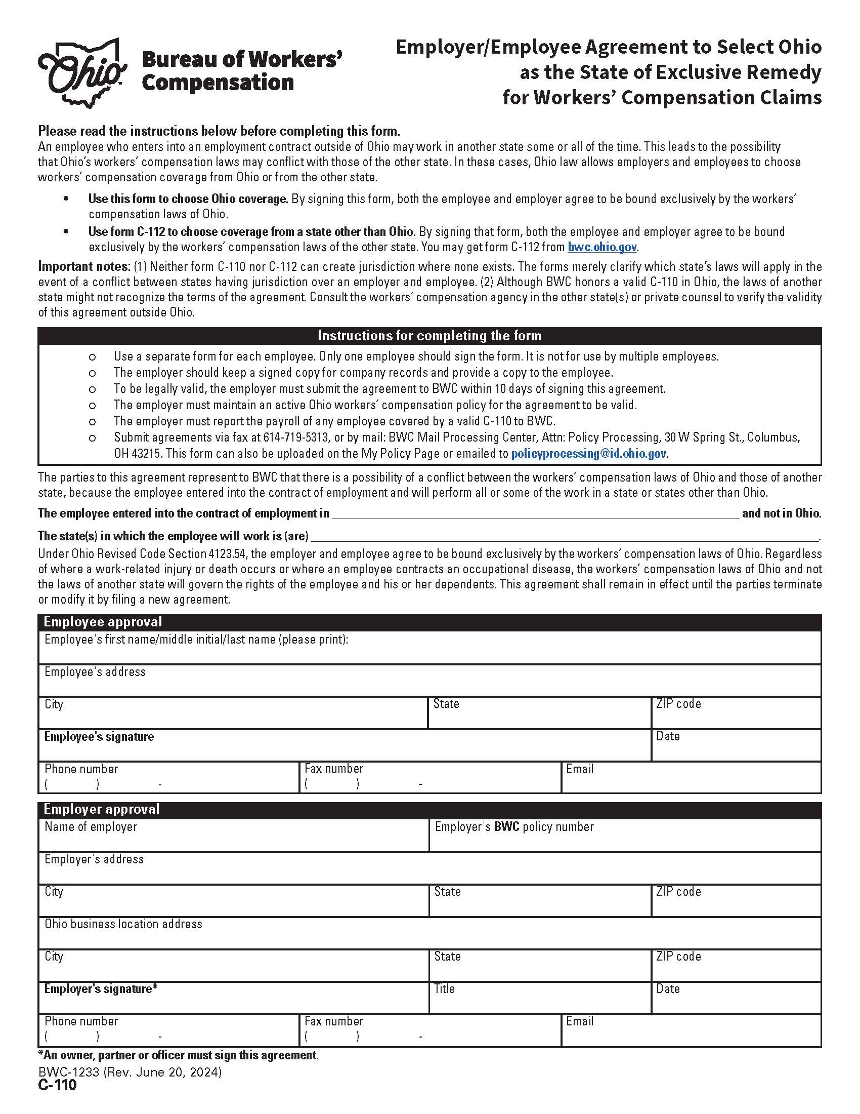 Agreement To Select The State Of Ohio As The State Of Exclusive Remedy {BWC-1233} | Pdf Fpdf Doc Docx | Ohio