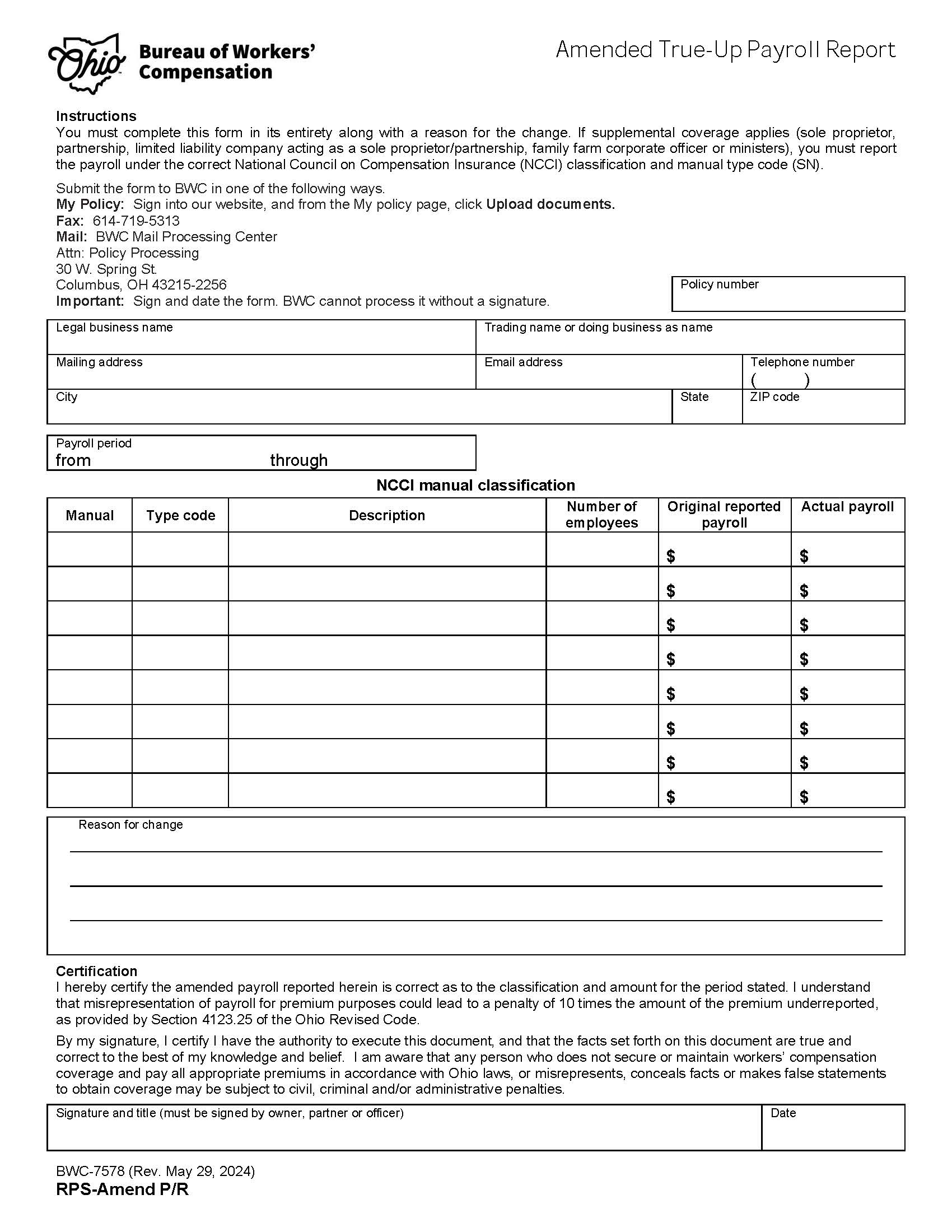 Amended True-Up Payroll Report {BWC-7578} | Pdf Fpdf Doc Docx | Ohio