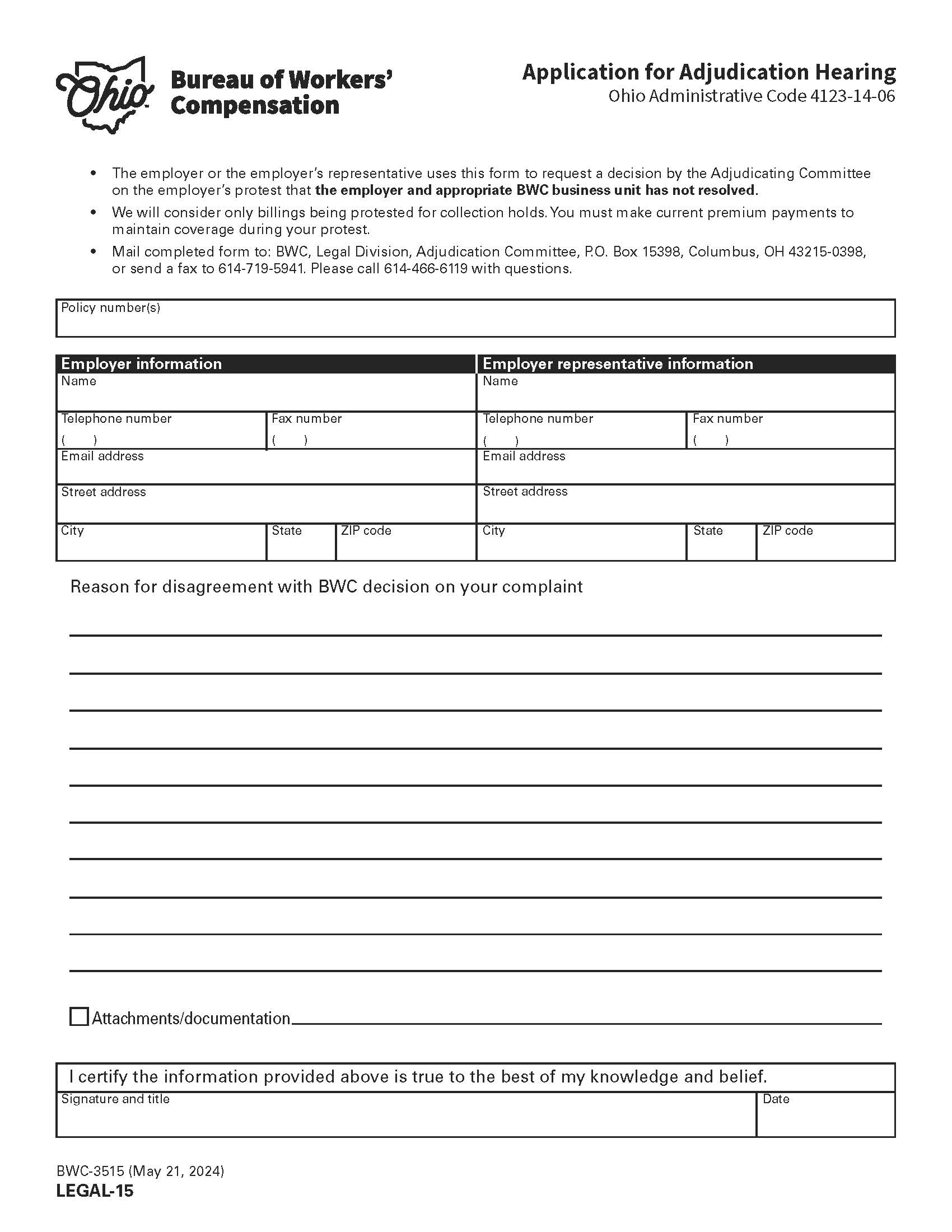 Application For Adjudication Hearing {BWC-3515} | Pdf Fpdf Doc Docx | Ohio