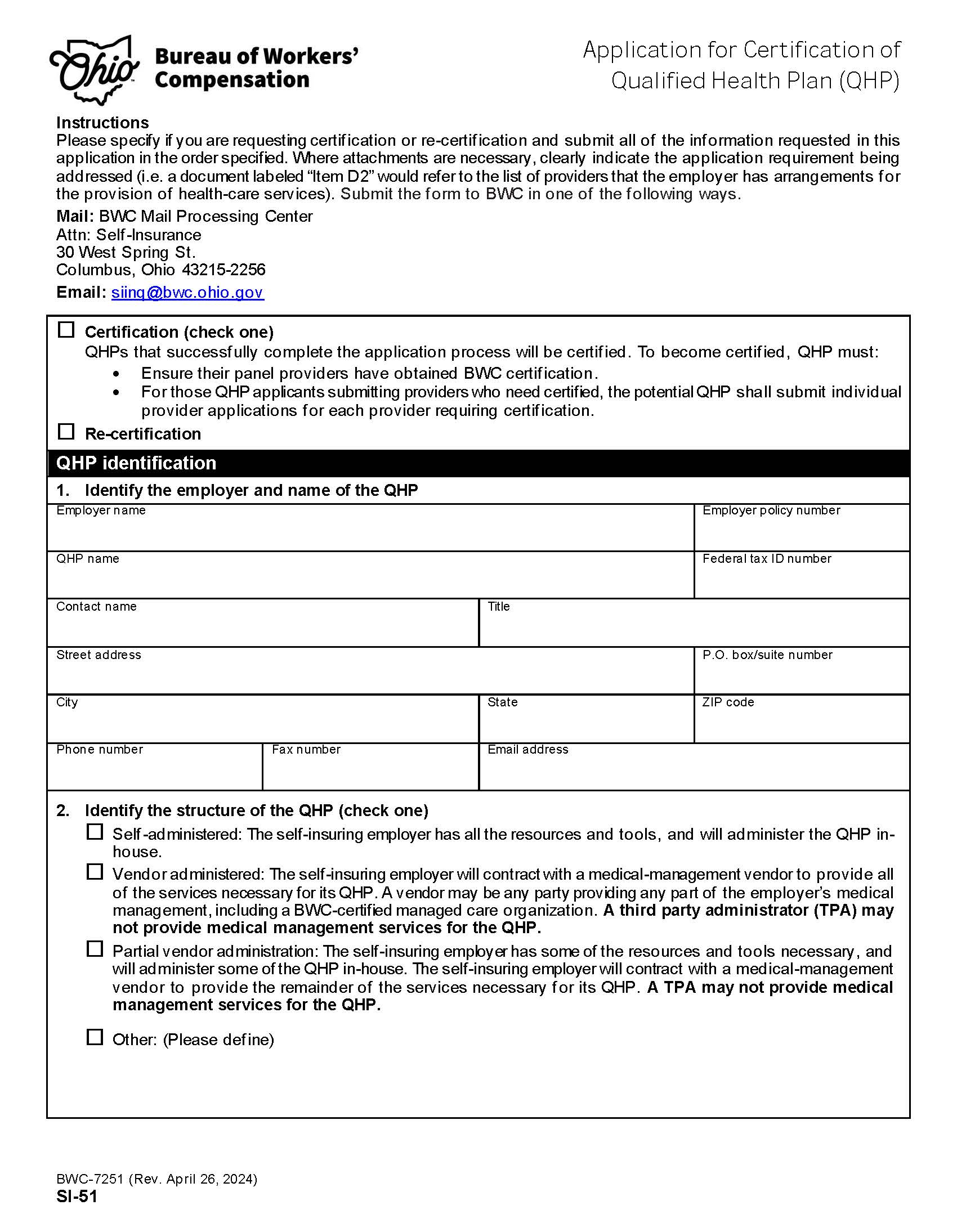 Application For Certification Of Qualified Health Plan (QHP) {BWC-7251} | Pdf Fpdf Doc Docx | Ohio
