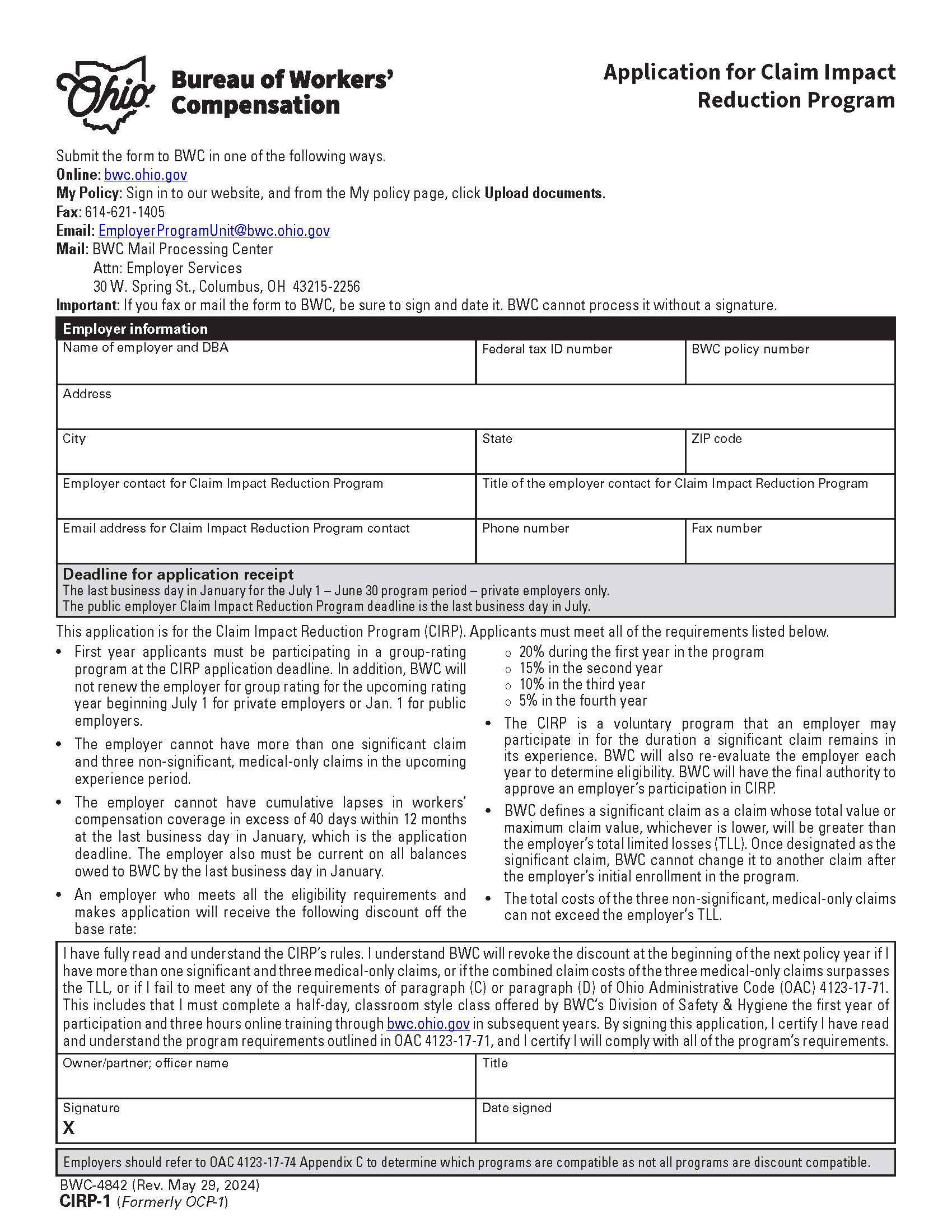 Application For Claim Impact Reduction Program {BWC-4842} | Pdf Fpdf Doc Docx | Ohio