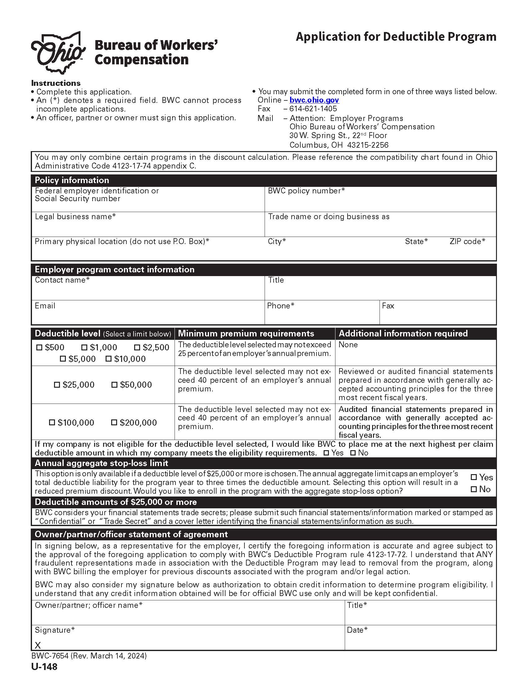 Application For Deductible Program {BWC-7654} | Pdf Fpdf Doc Docx | Ohio