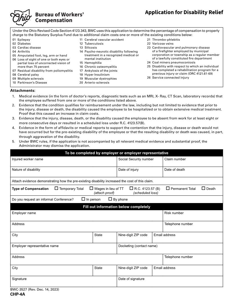 Application For Disability Relief {BWC-3527} | Pdf Fpdf Doc Docx | Ohio