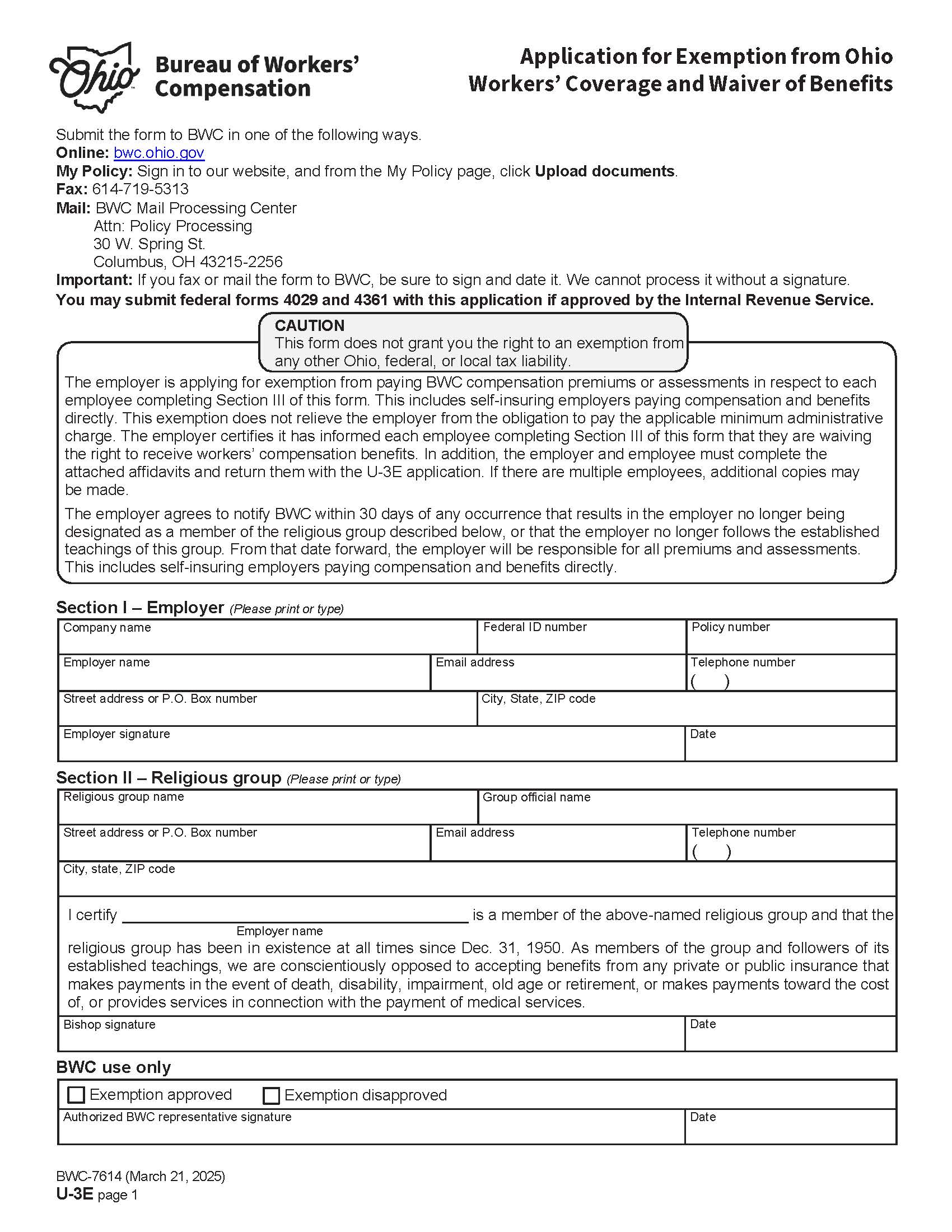 Application For Exemption From Ohio Workers Coverage And Waiver Of Benefits {BWC-7614} | Pdf Fpdf Doc Docx | Ohio