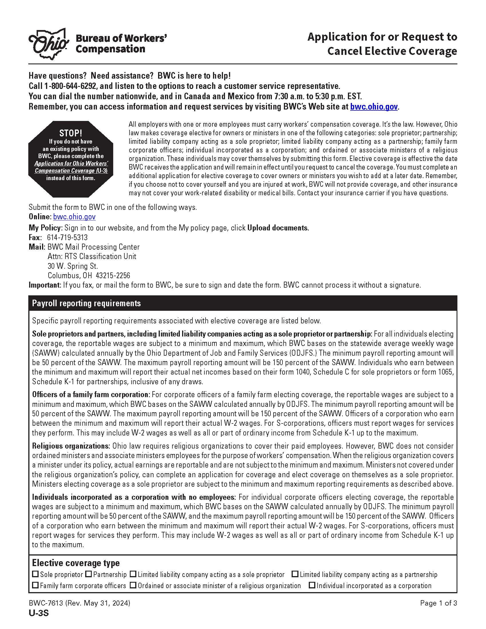 Application For Or Request To Cancel Elective Coverage {BWC-7613} | Pdf Fpdf Doc Docx | Ohio