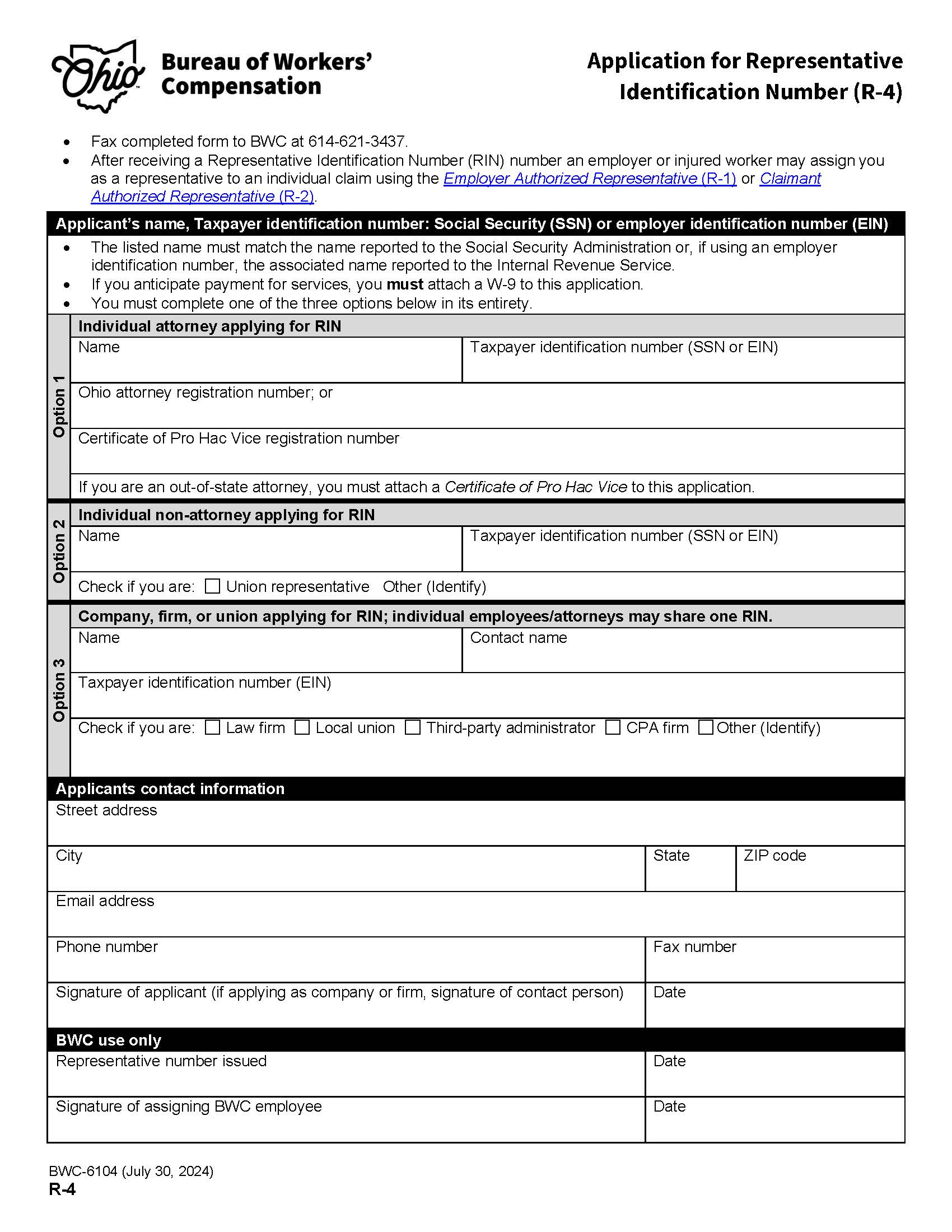 Application For Representative Identification Number (RIN) {BWC-6104} | Pdf Fpdf Doc Docx | Ohio