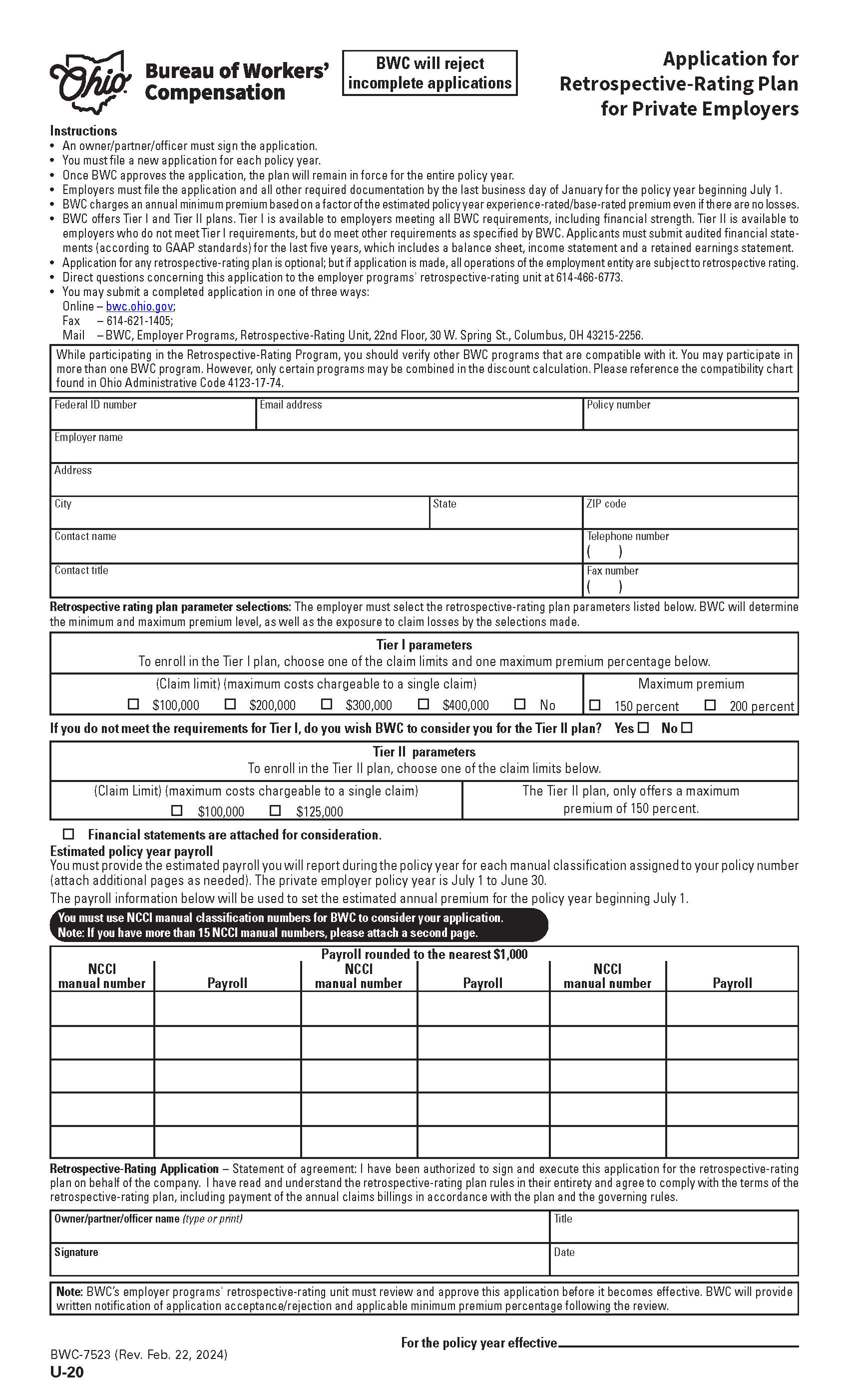 Application For Retrospective Rating Plan For Private Employers {BWC-7523} | Pdf Fpdf Docx | Ohio