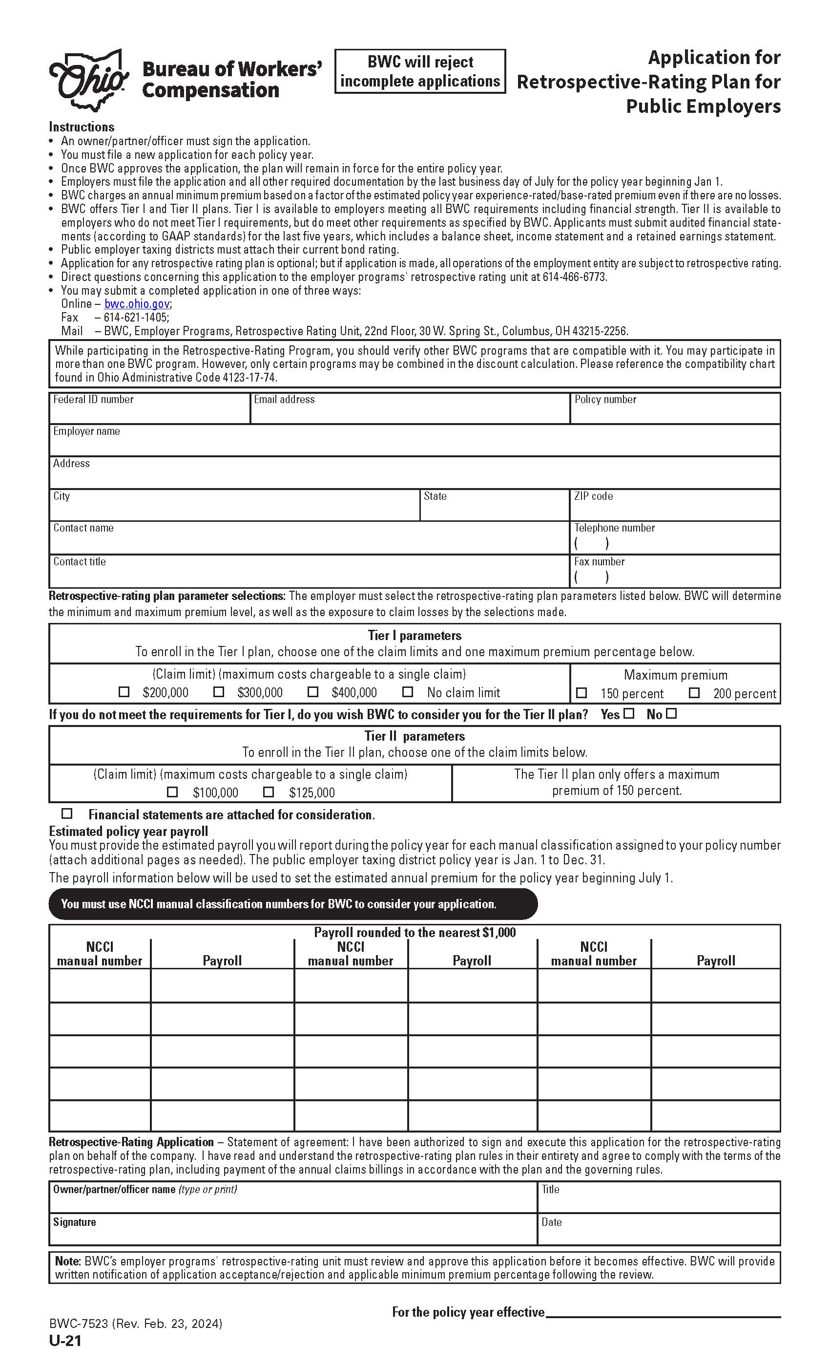 Application For Retrospective Rating Plan For Public Employers {BWC-7523} | Pdf Fpdf Doc Docx | Ohio