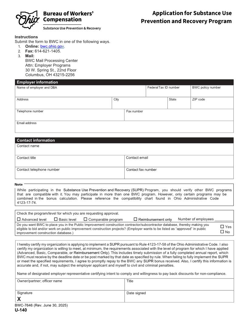 Application For Substance Use Prevention And Recovery Program {BWC-7646} | Pdf Fpdf Doc Docx | Ohio