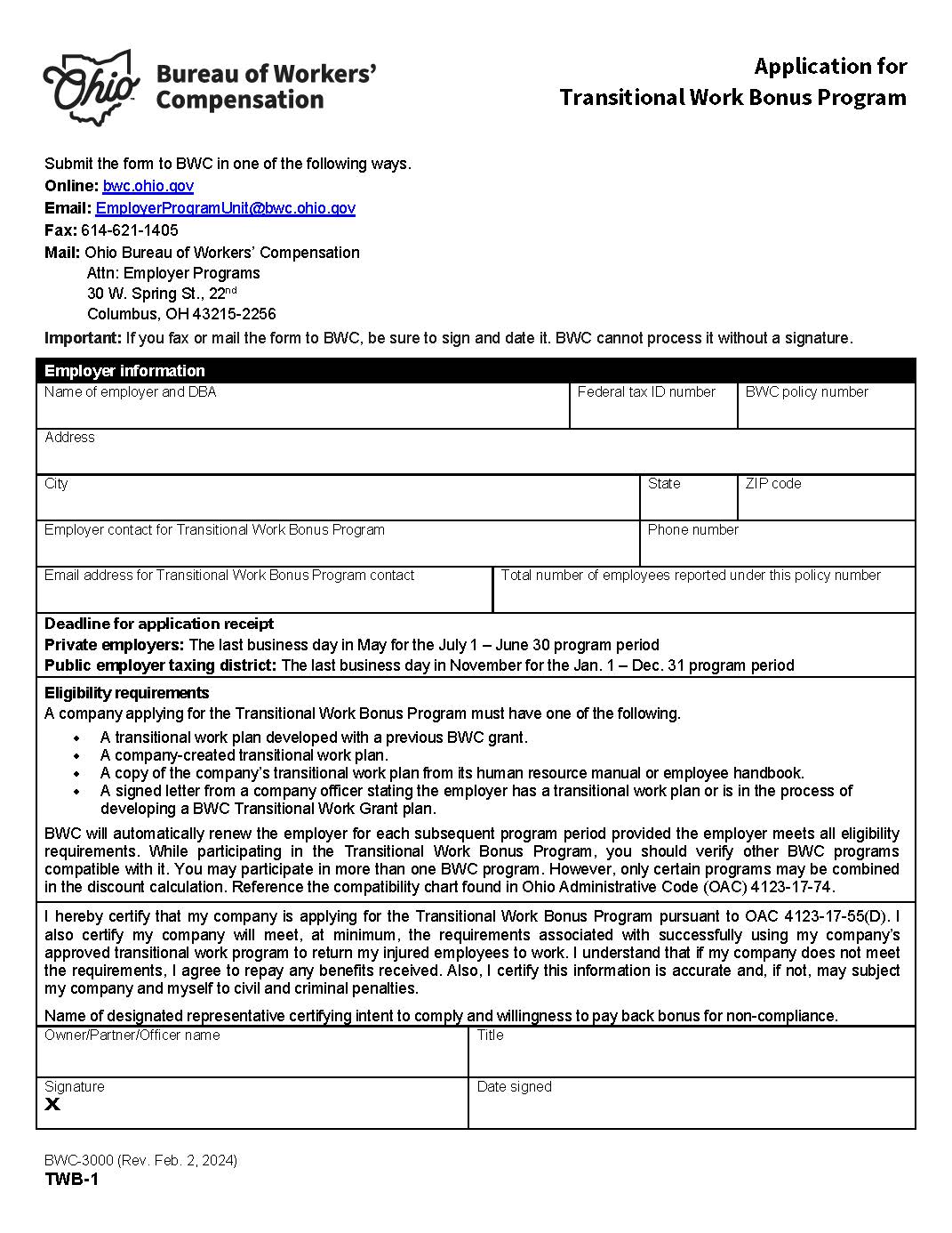 Application For Transitional Work Bonus Program {BWC-3000} | Pdf Fpdf Doc Docx | Ohio
