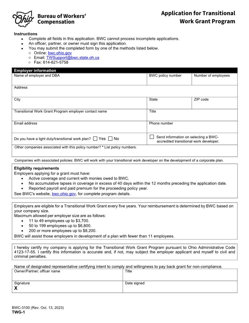 Application For Transitional Work Grant Program {BWC-3100} | Pdf Fpdf Docx | Ohio