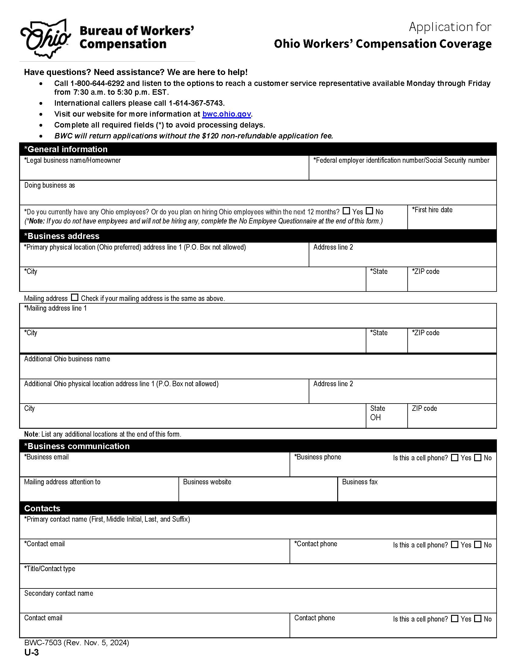 Application For Workers Compensation Coverage {BWC-7503} | Pdf Fpdf Doc Docx | Ohio