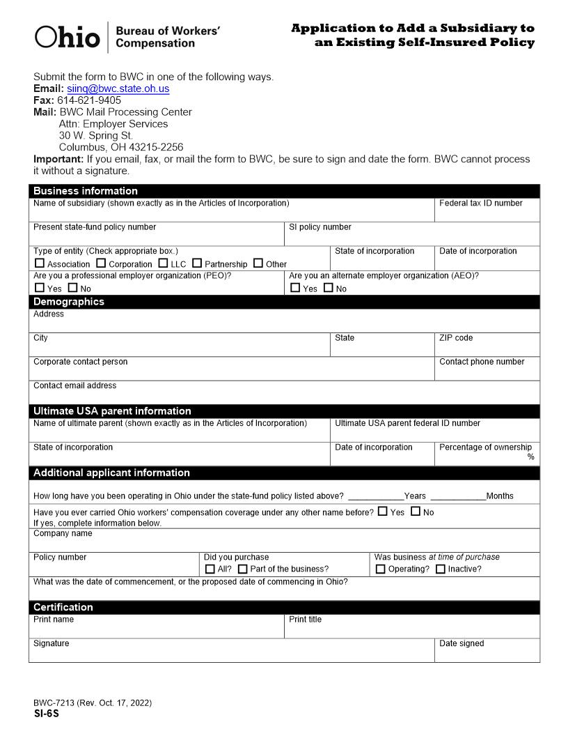 Application To Add A Subsidiary To An Existing Self Insured Policy {BWC-7213} | Pdf Fpdf Docx | Ohio