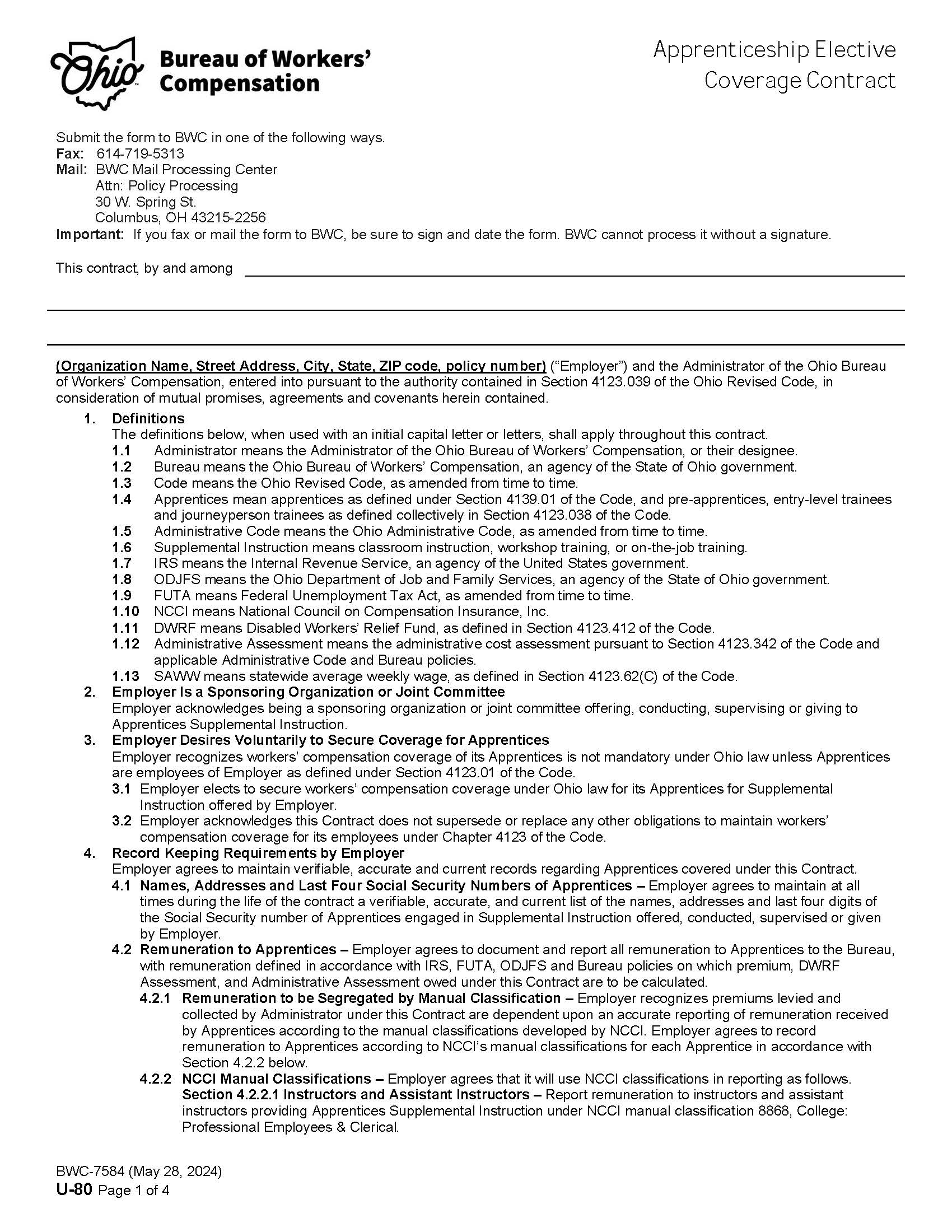 Apprenticeship Elective Coverage Contract {BWC-7584} | Pdf Fpdf Doc Docx | Ohio