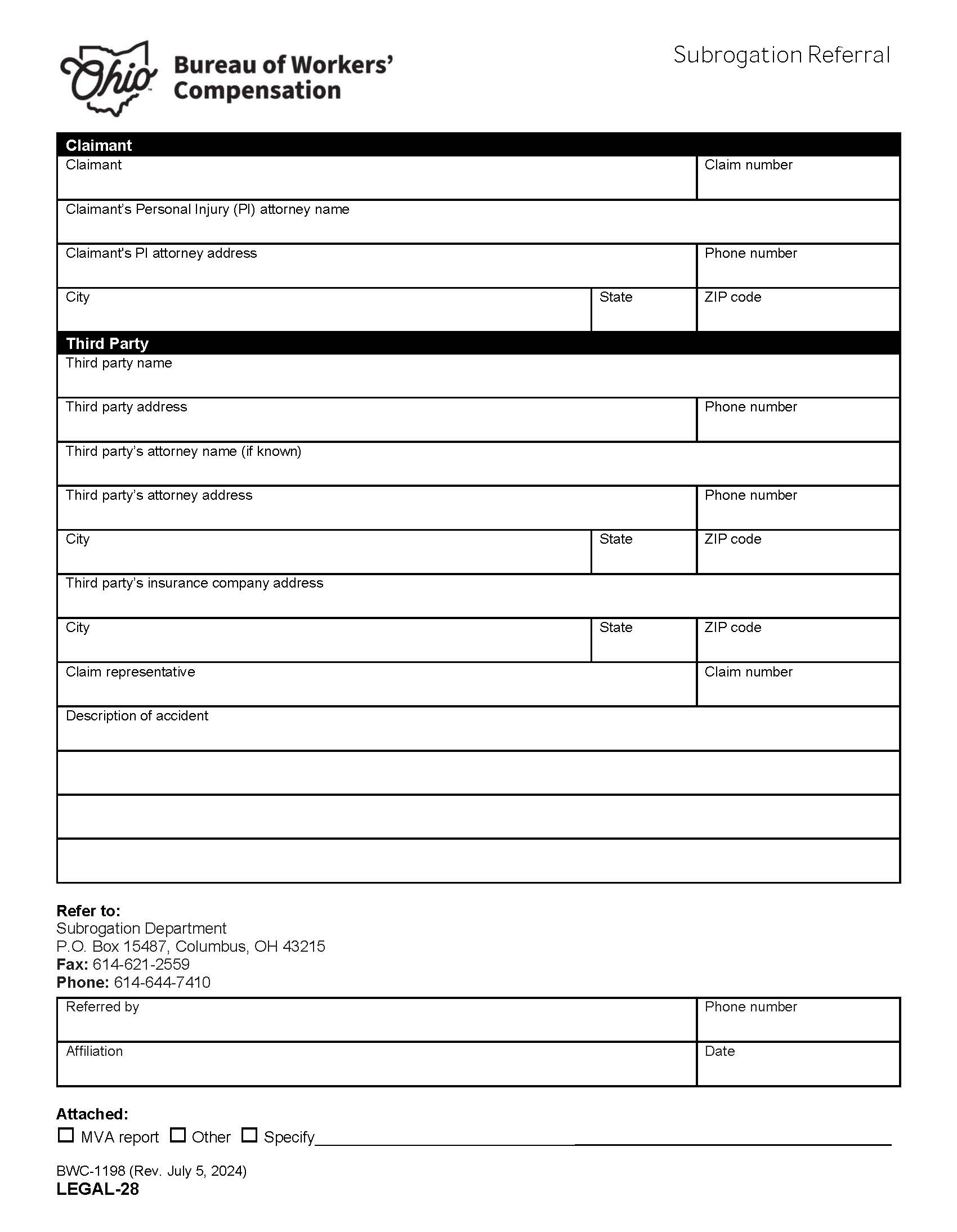 BWC Subrogation Referral Form | Pdf Fpdf Doc Docx | Ohio
