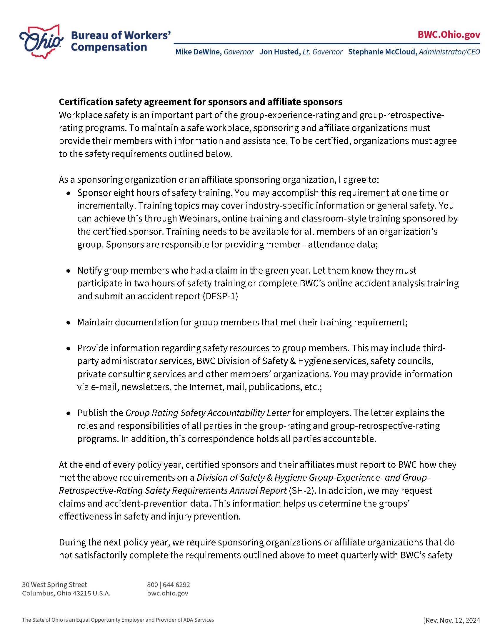 Certification Safety Agreement For Sponsors And Affiliate Sponsors | Pdf Fpdf Docx | Ohio