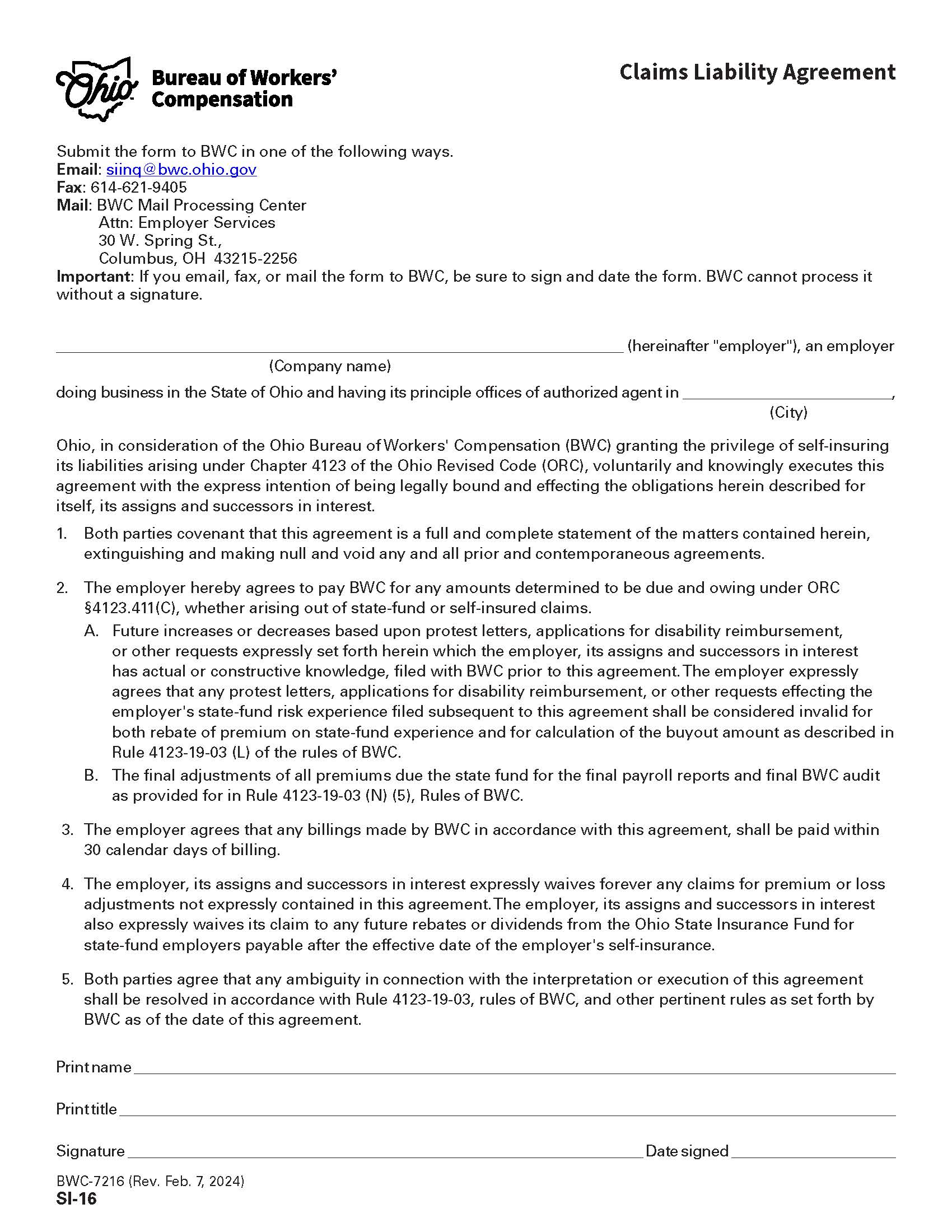 Claims Liability Agreement {BWC-7216} | Pdf Fpdf Doc Docx | Ohio