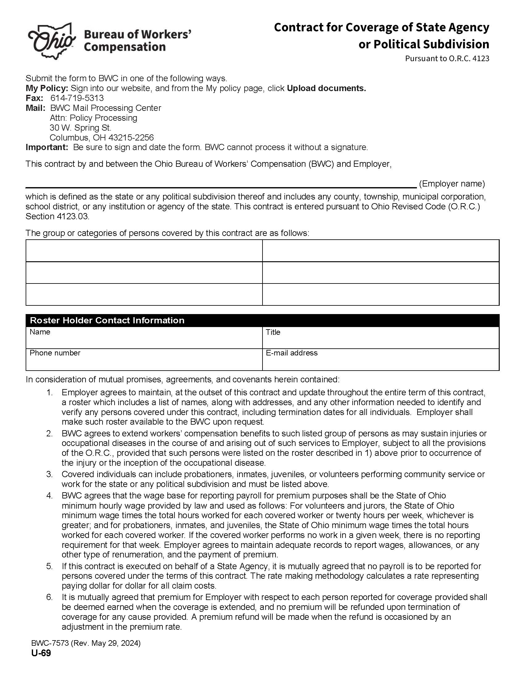 Contract For Coverage Of State Agency Of Political Subdivision {BWC-7573} | Pdf Fpdf Doc Docx | Ohio