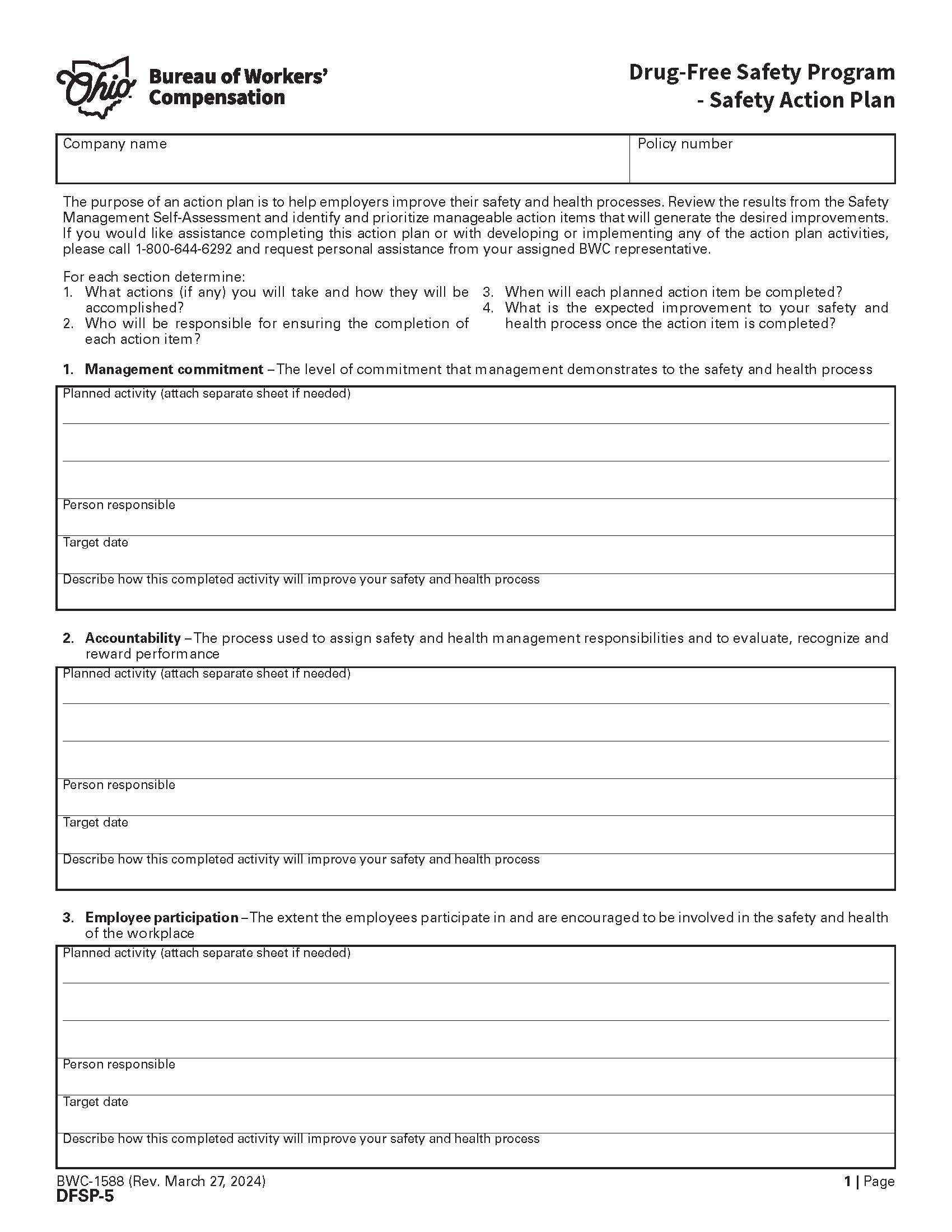 Drug Free Safety Program Safety Action Plan {BWC-1588} | Pdf Fpdf Doc Docx | Ohio