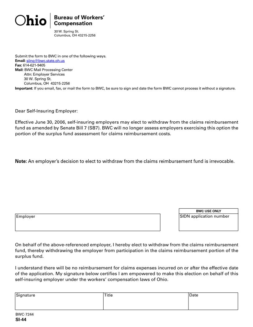 Election To Withdraw From Claims Reimbursement Fund {BWC-7244} | Pdf Fpdf Doc Docx | Ohio