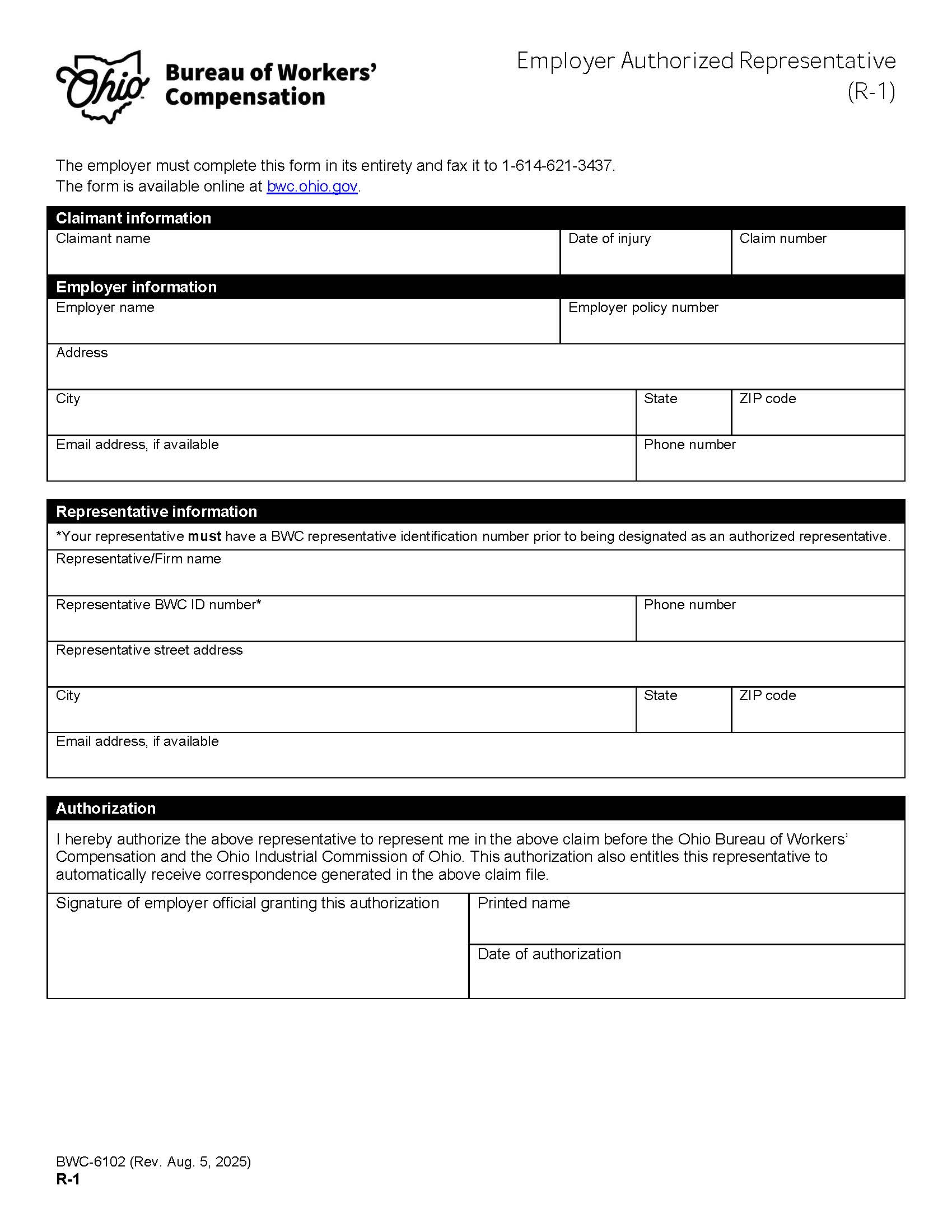 Employer Authorized Representative {BWC-6102} | Pdf Fpdf Doc Docx | Ohio
