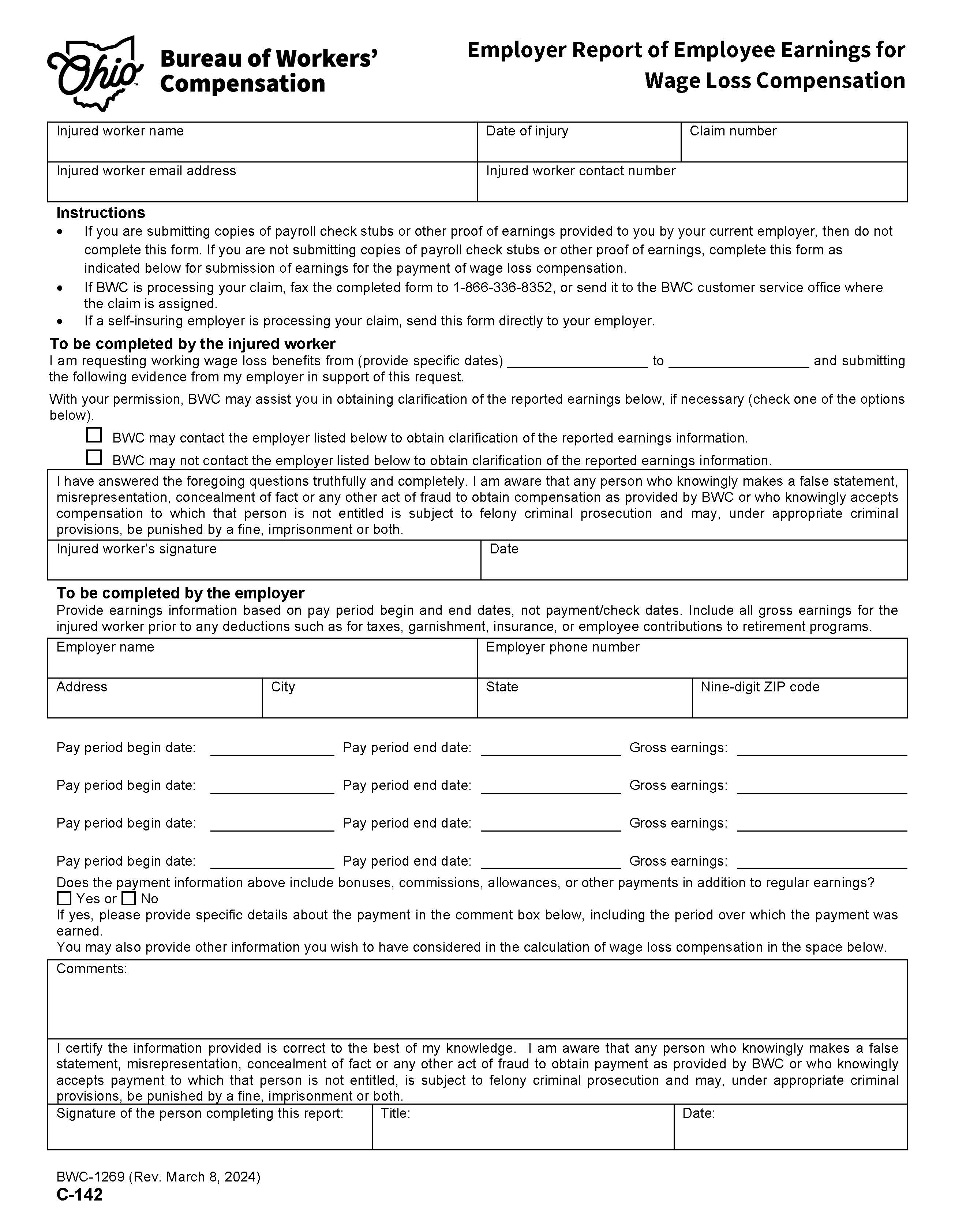 Employer Report Of Employee Earnings For Wage Loss Compensation {BWC-1269} | Pdf Fpdf Docx | Ohio