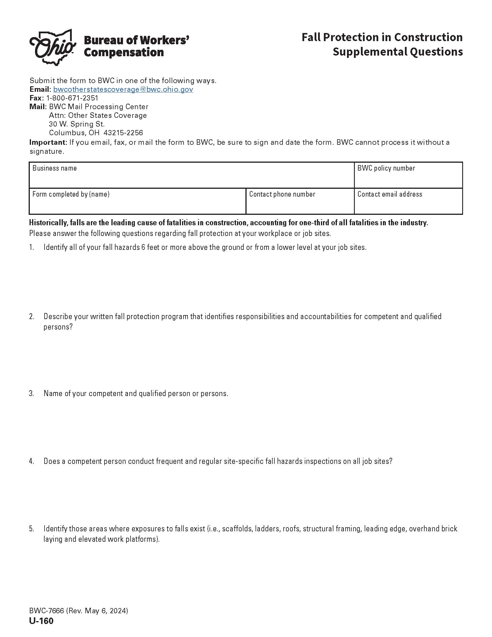 Fall Protection In Construction Supplemental Questions {BWC-7666} | Pdf Fpdf Docx | Ohio